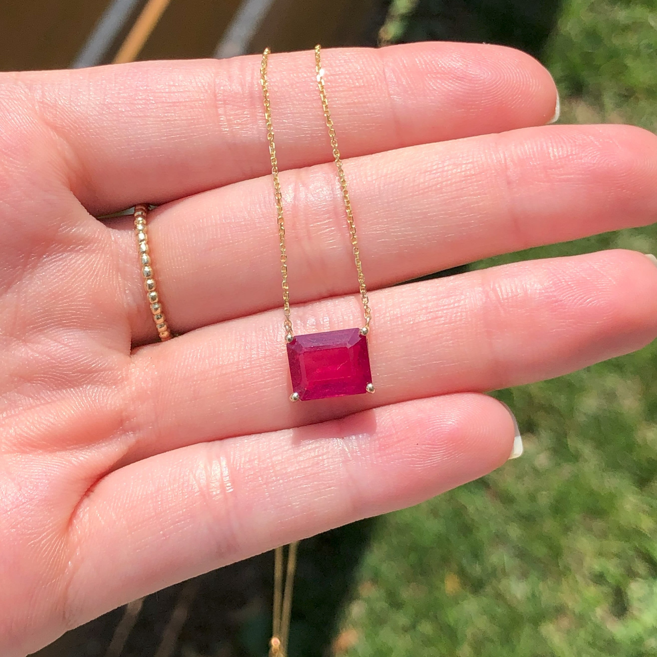 Solitaire Madagascar Ruby Pendant in Solid 14k White, Yellow or Rose Gold | Emerald Cut 9x7mm | East West | Red Gemstone | July Birthstone
