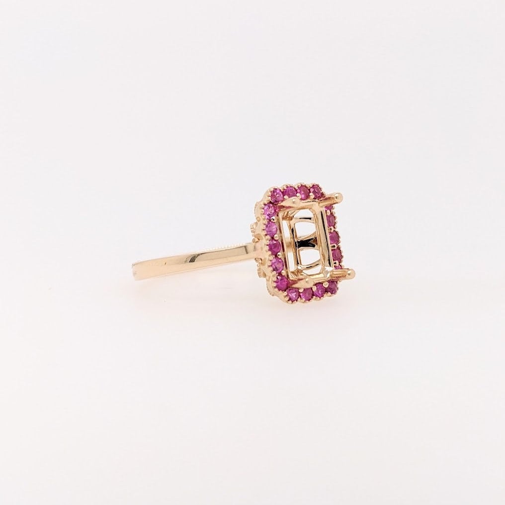 Pink Sapphire Ring Semi Mount in Solid 14k White, Yellow or Rose Gold | Emerald Cut | Custom Sizes | Cast Gemstone Jewelry | Milgrain Detail