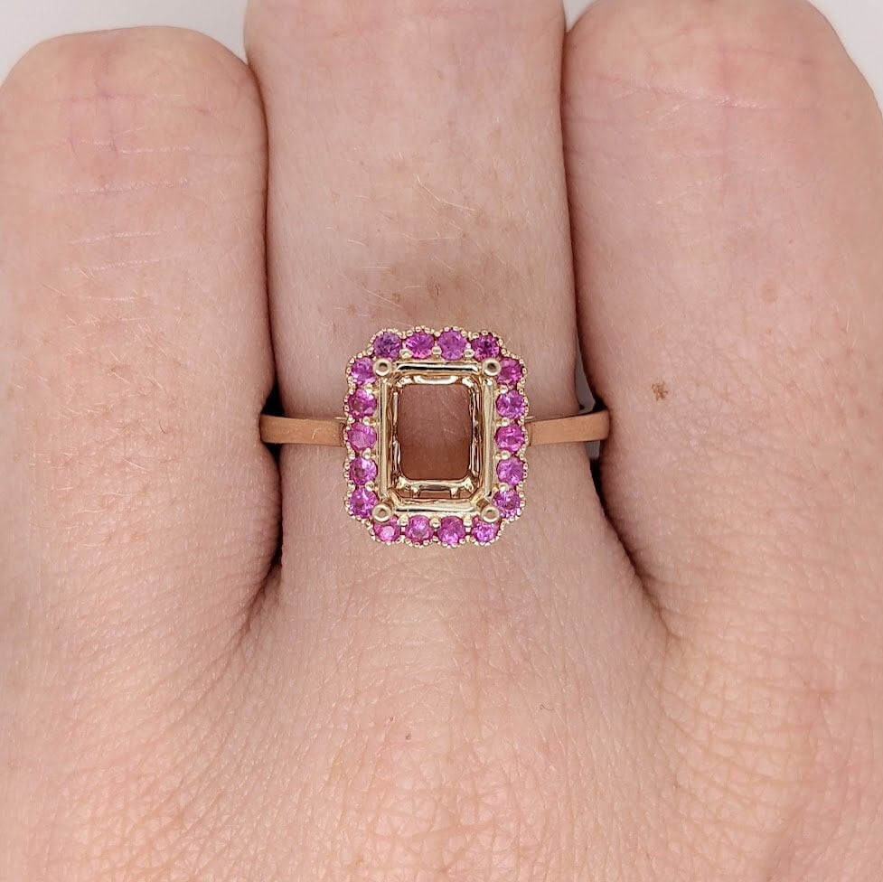 Pink Sapphire Ring Semi Mount in Solid 14k White, Yellow or Rose Gold | Emerald Cut | Custom Sizes | Cast Gemstone Jewelry | Milgrain Detail