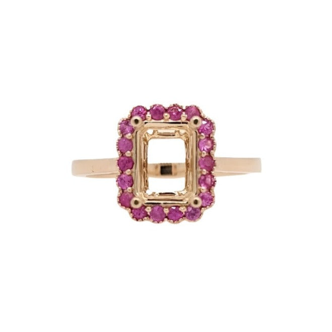 Pink Sapphire Ring Semi Mount in Solid 14k White, Yellow or Rose Gold | Emerald Cut | Custom Sizes | Cast Gemstone Jewelry | Milgrain Detail