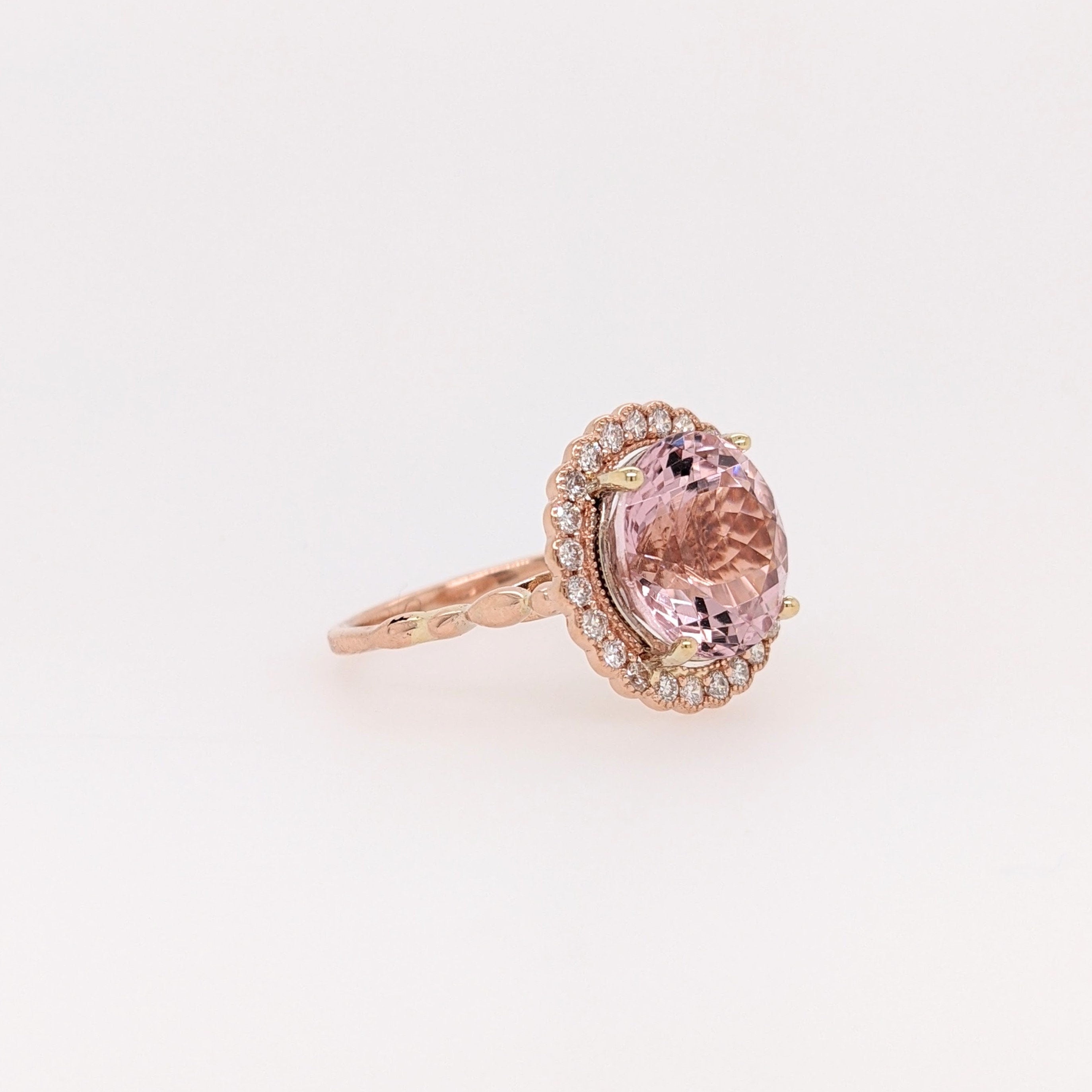 Pink Morganite Ring in Solid 14K Rose Gold w Natural Diamond Scalloped Halo | Round Cut 11mm | Prong Setting | Pink Gem | Milgrain