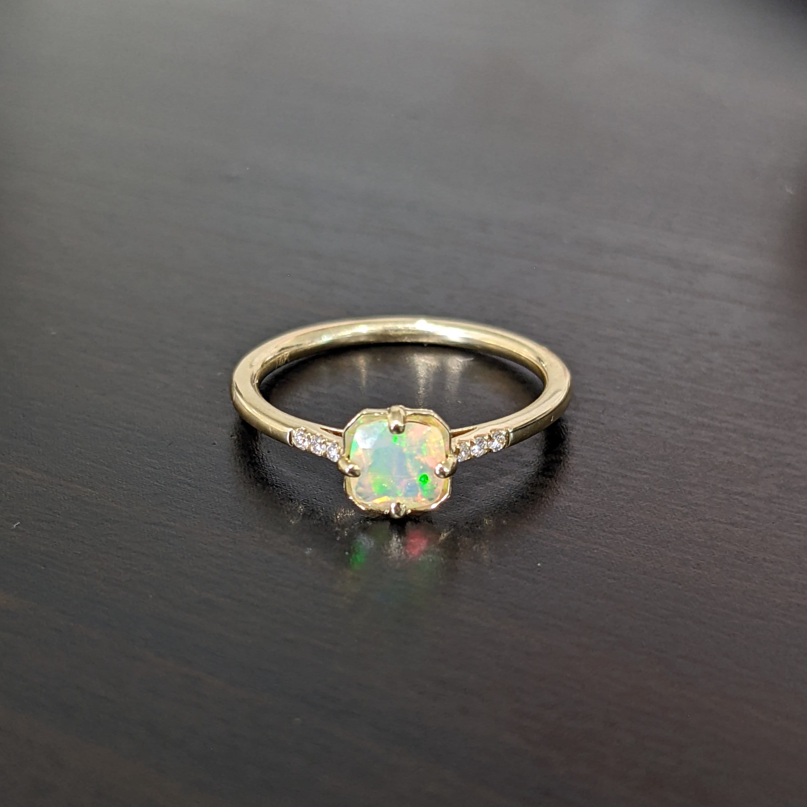 Faceted Opal Ring with Natural Diamond Accents in Solid 14k Yellow Gold | Cushion 6mm | Compass Prong |Gemstone Jewelry | October Birthstone