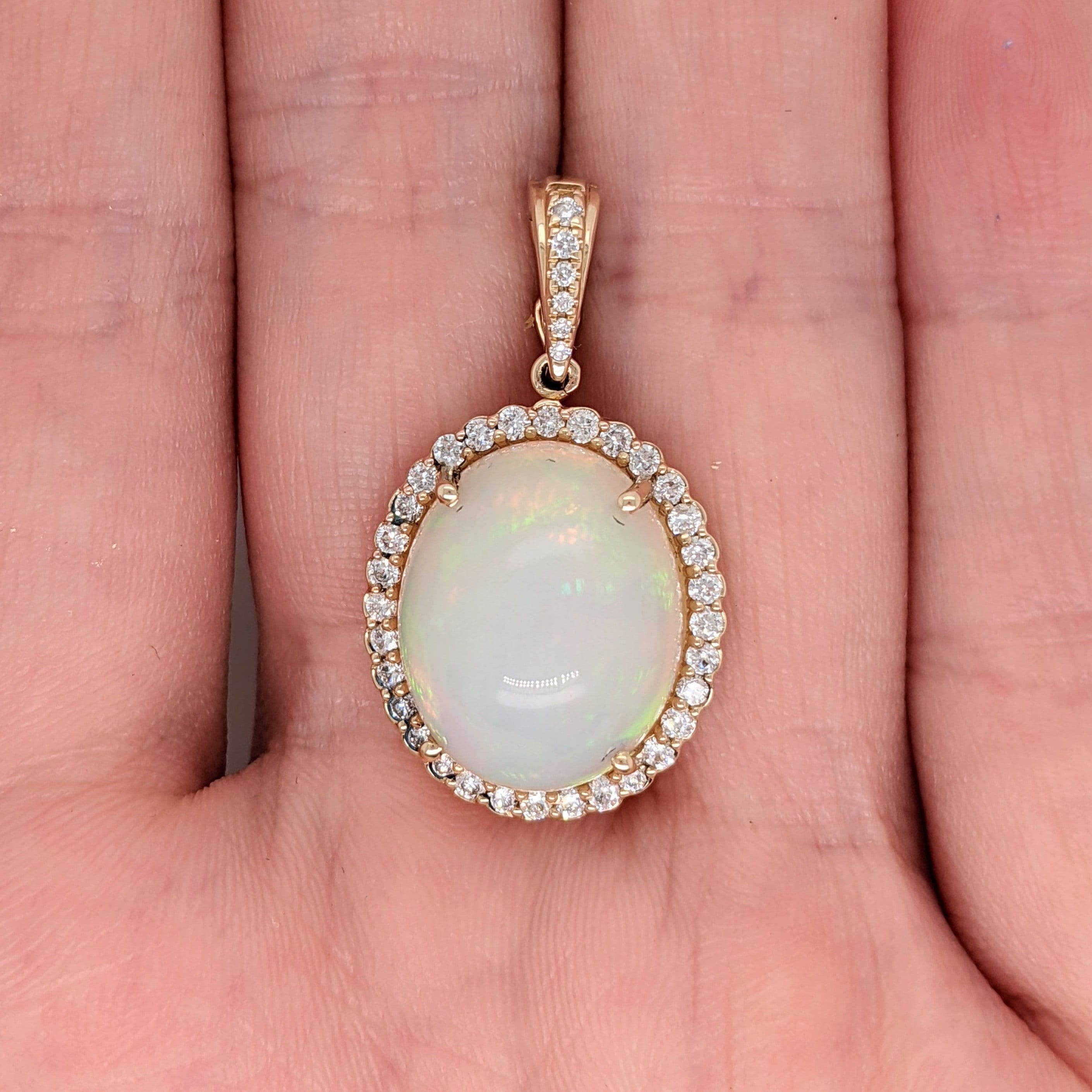 Ethiopian Opal Pendant w Pave Clasp Bail in 14K Gold | Natural Diamond Accents | Oval 16x13mm | Play of Fire | Cabochon Cut | Chain Option