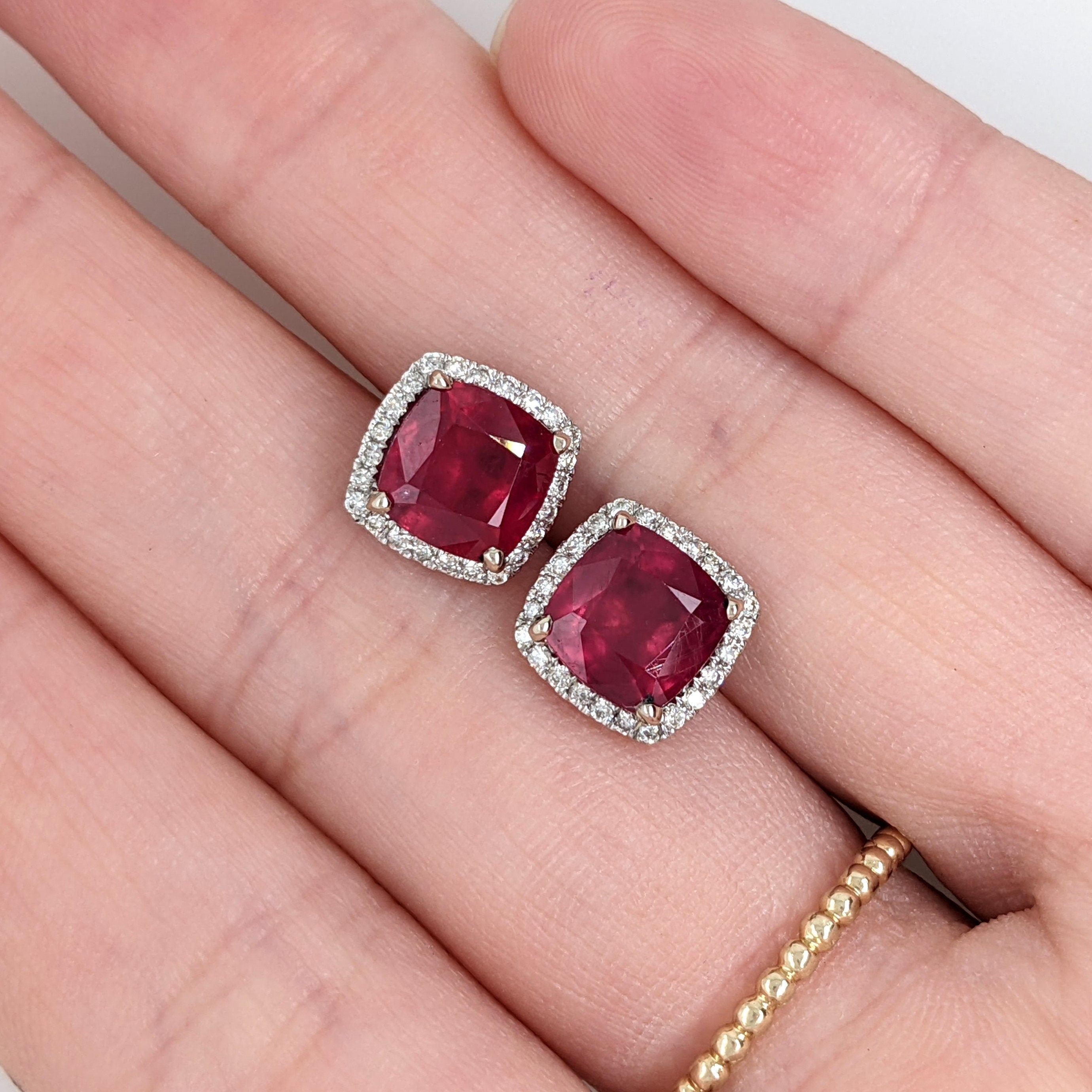 Mozambique Ruby Studs in Solid 14K White Gold with a Natural Diamond Halo | Cushion 7mm | Red Gemstone | Classic | Elegant | July Birthstone