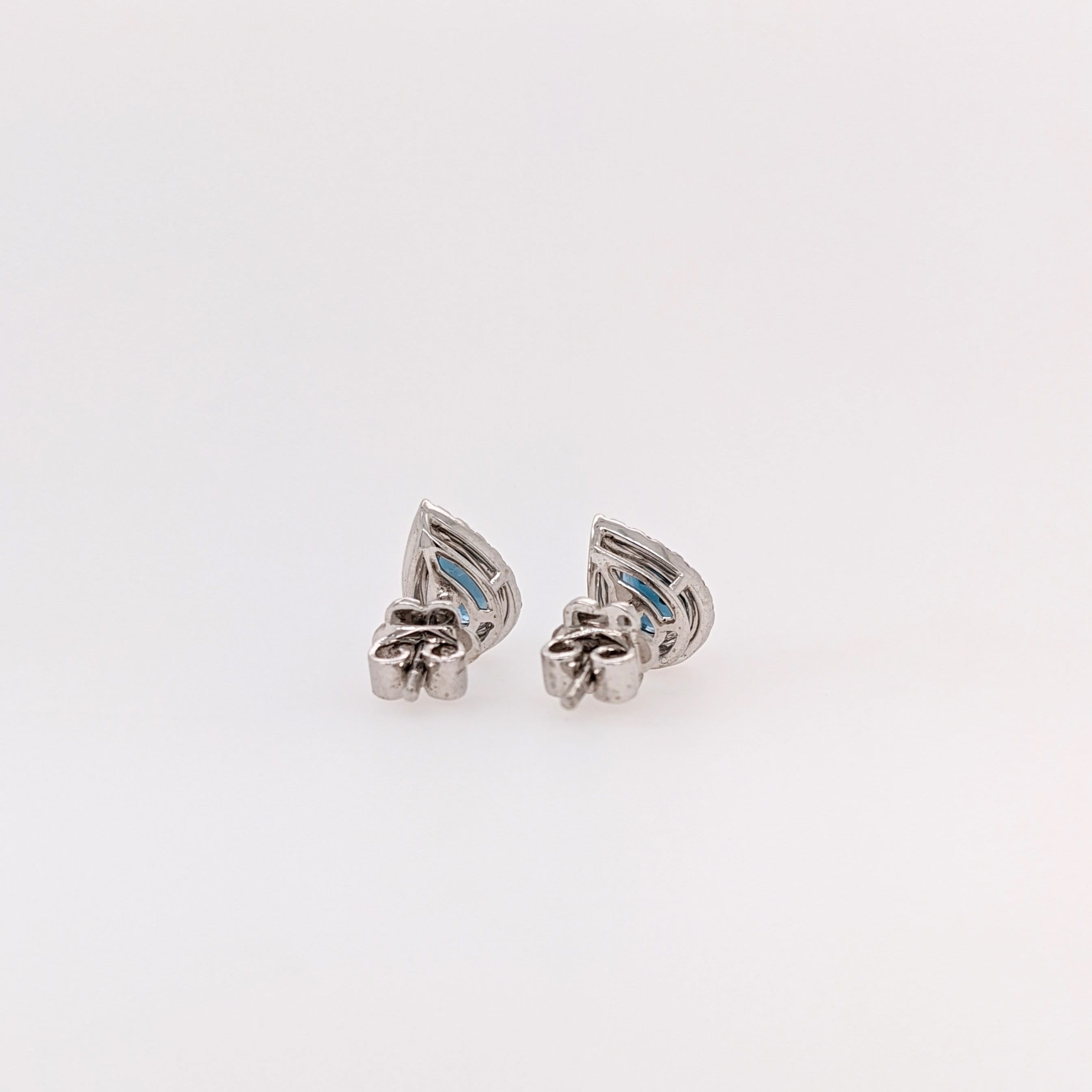 London Blue Topaz Studs in Solid 14K White Gold with Natural Diamond Accents | Pear 6x4mm | December Birthstone | Secure Pushback | Blue Gem