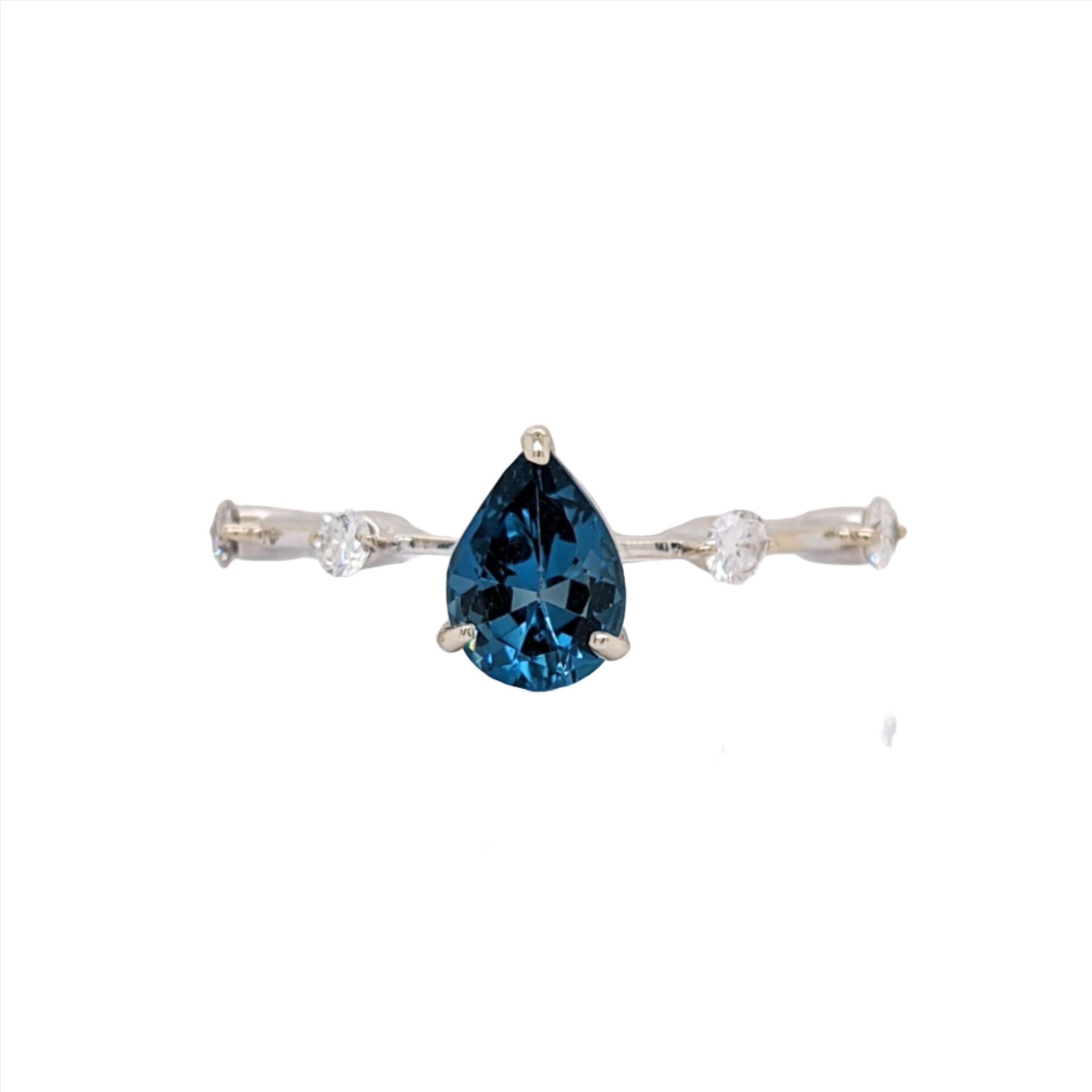 London Topaz Ring in 14k Solid White Gold w Diamond Accents | Pear Shape 6x4mm | November Birthstone | Blue Gem Ring