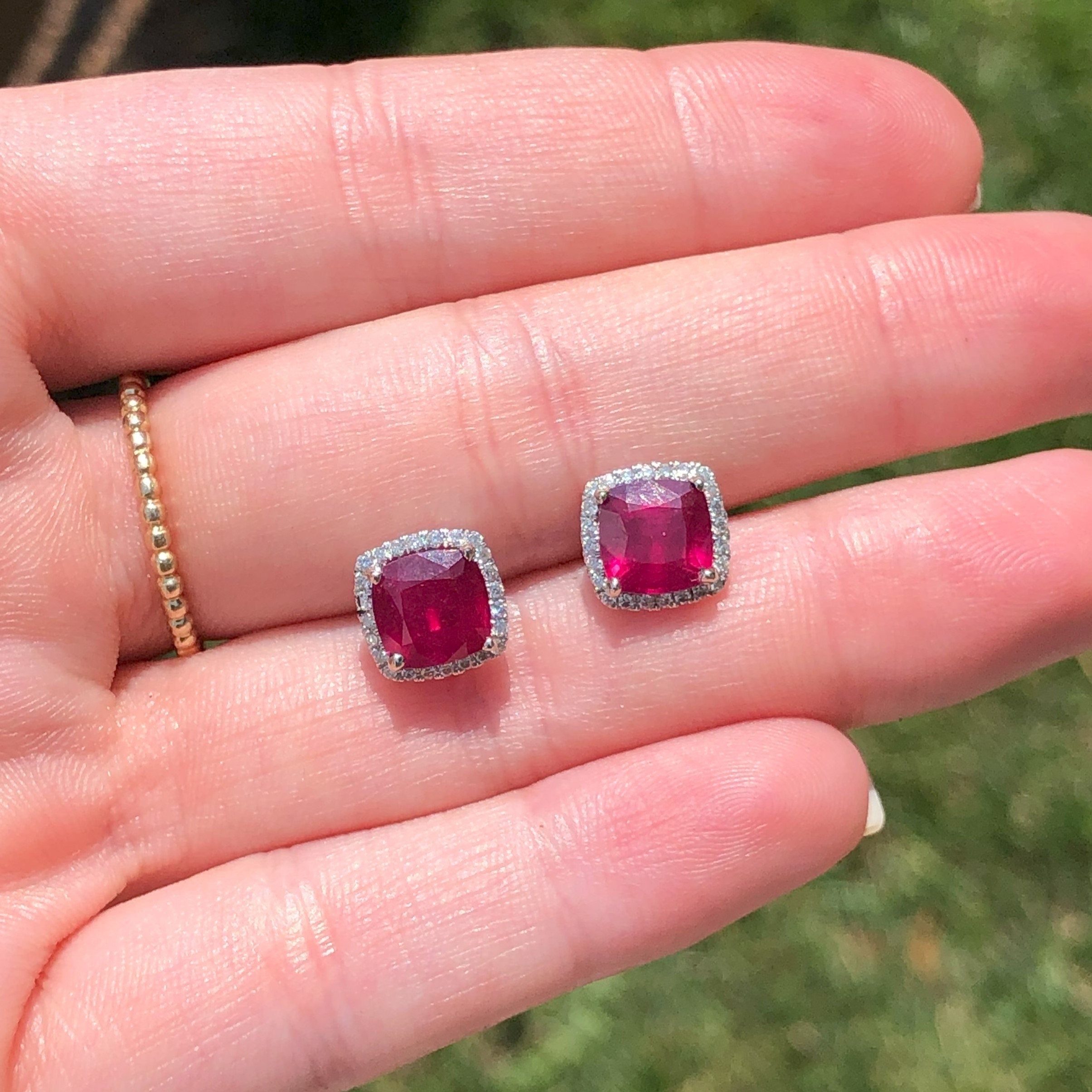 Mozambique Ruby Studs in Solid 14K White Gold with a Natural Diamond Halo | Cushion 7mm | Red Gemstone | Classic | Elegant | July Birthstone