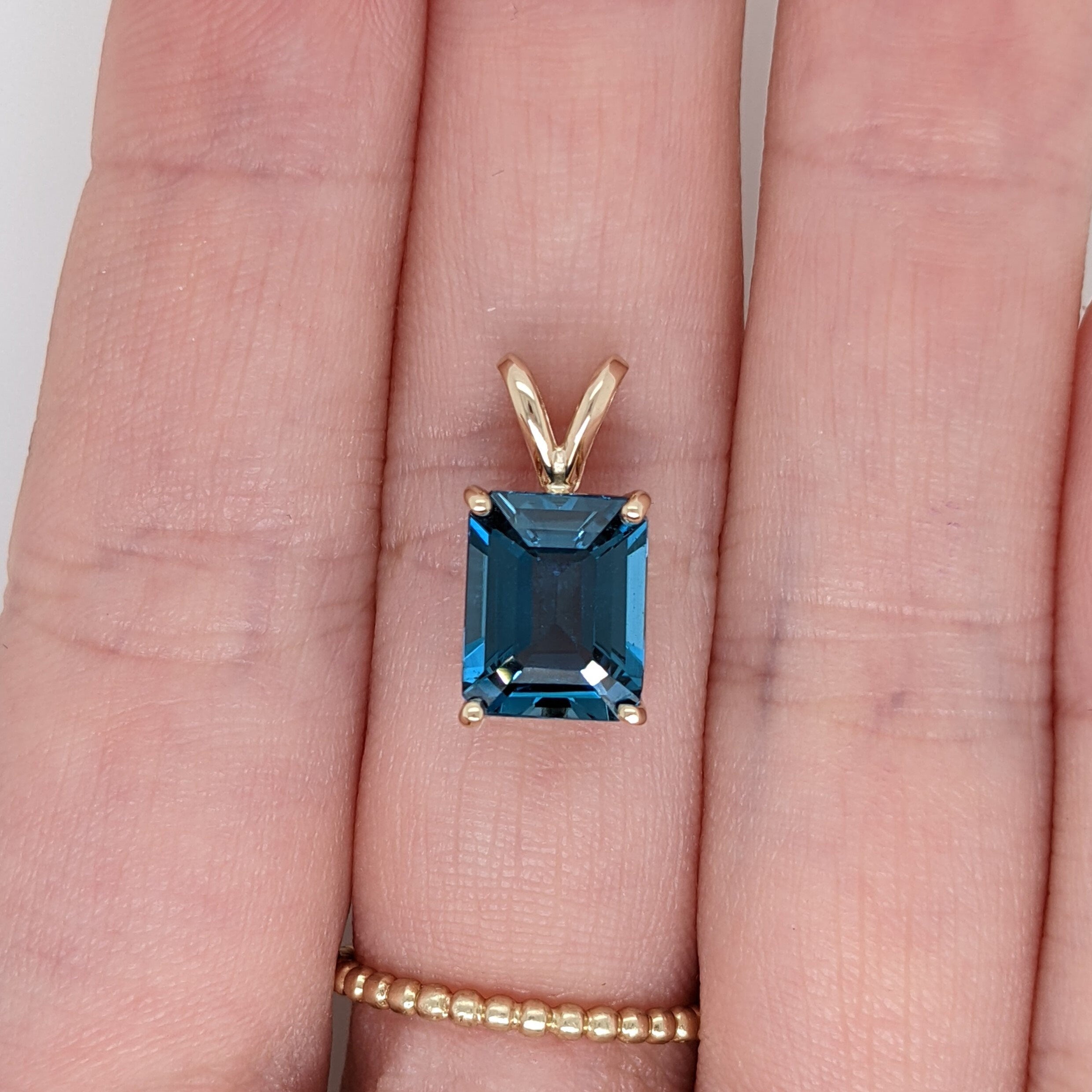 Solitaire London Blue Topaz Pendant in Solid 14k White, Yellow or Rose Gold | Emerald Cut 10x8mm | Rabbit Bail | Blue Gemstone | November