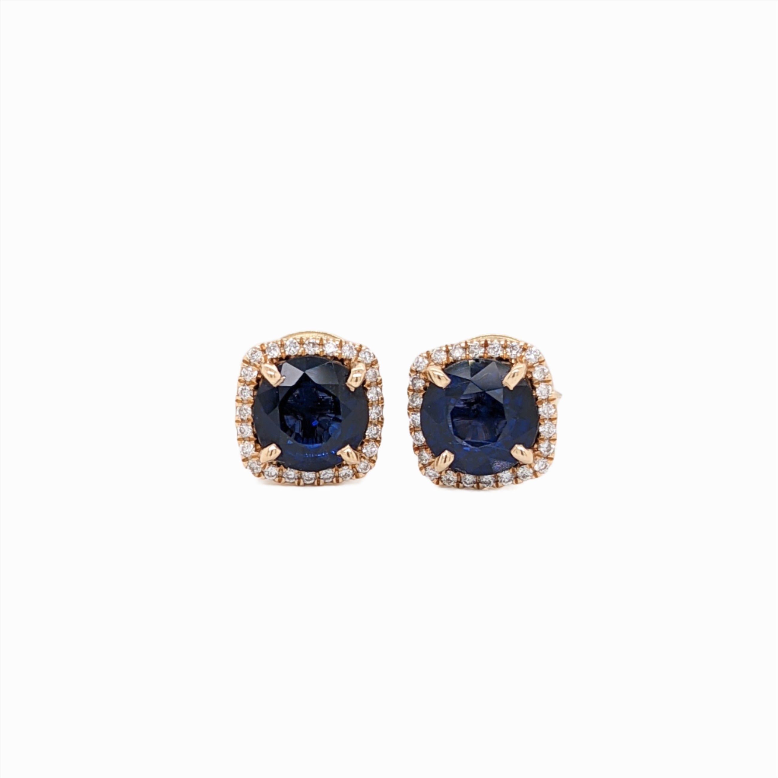 Ceylon Sapphire Studs in Solid 14K Yellow Gold with a Natural Diamond Halo | Cushion | Blue Gemstone | Classic | Elegant | Sept Birthstone