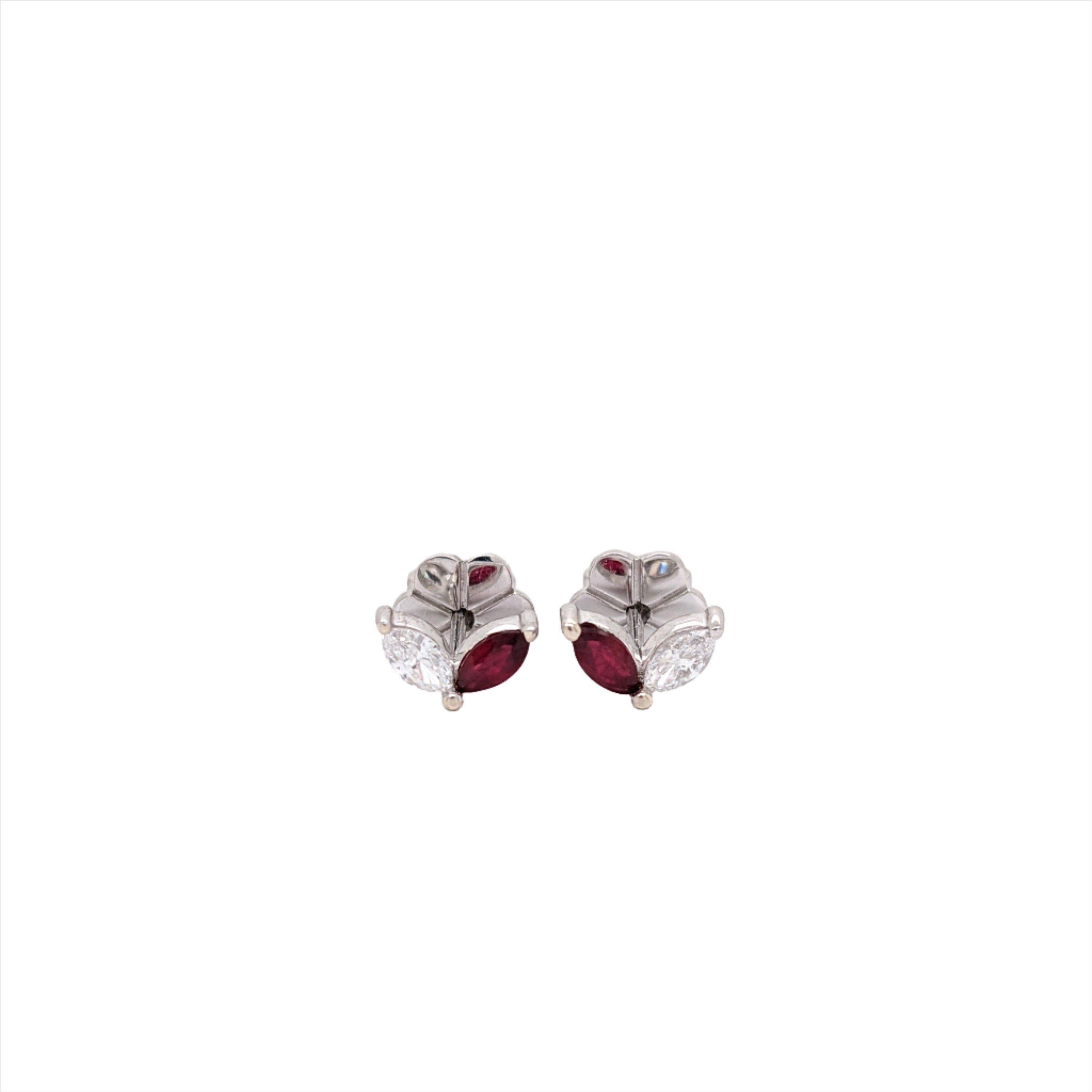 Marquise Ruby and Diamond Studs in Solid 14K White Gold | Natural Earth Mined Gemstone Earrings | Classic | Elegant | July Birthstone