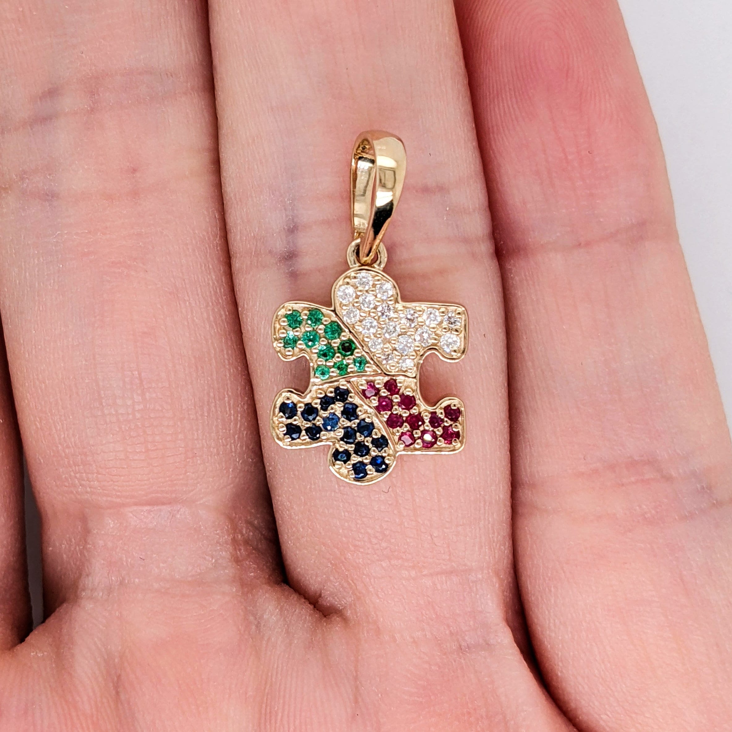 Autism Awareness Pendant in 14k Solid Gold with Sapphire, Emerald, Ruby, and Diamond Accents | 14k Gold Chain | Puzzle Piece Design
