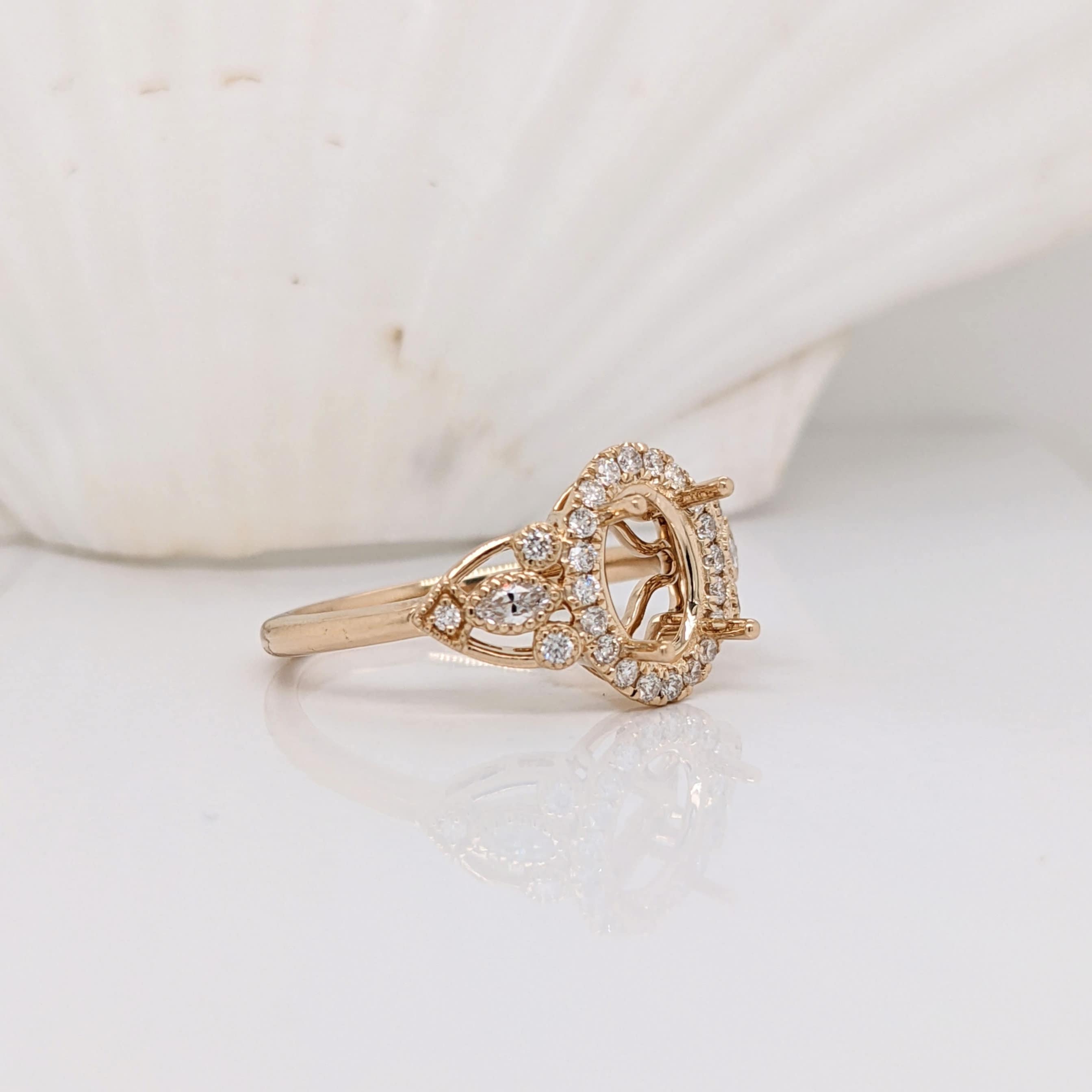 Vintage Style Ring Semi Mount in Solid 14k Gold w Natural Diamond Halo | Migrain | Design Detail | Oval Cut | Custom Sizes | Customizable