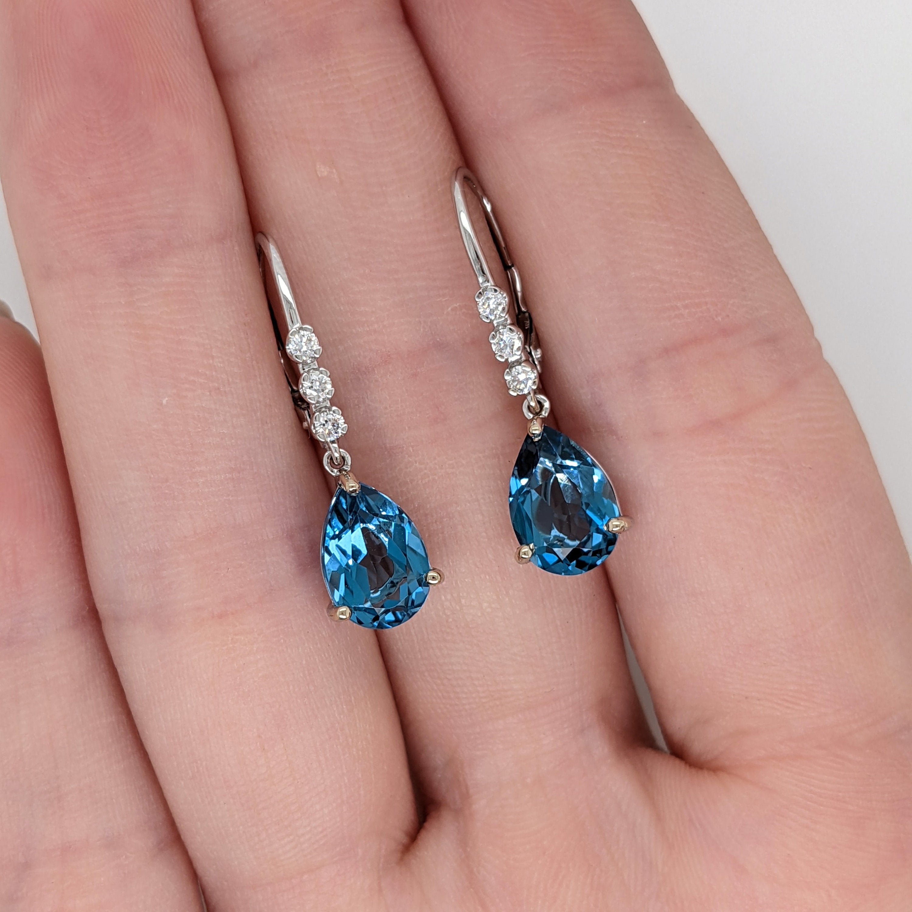 Teardrop London Blue Topaz in 14K Solid Gold w Natural Diamond Accents | Pear Shape 10x7mm | Secure Latch Back | Dangle Earrings | Blue Gems
