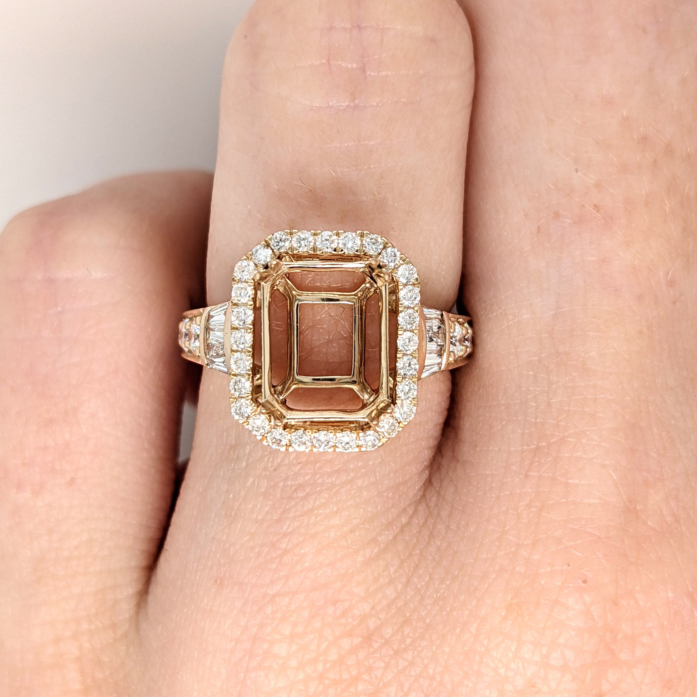 Engagement Ring Semi-mount in Solid 14k White, Yellow, or Rose Gold | Natural Diamond Halo w Baguette Accents | Emerald Cut | Custom Sizes