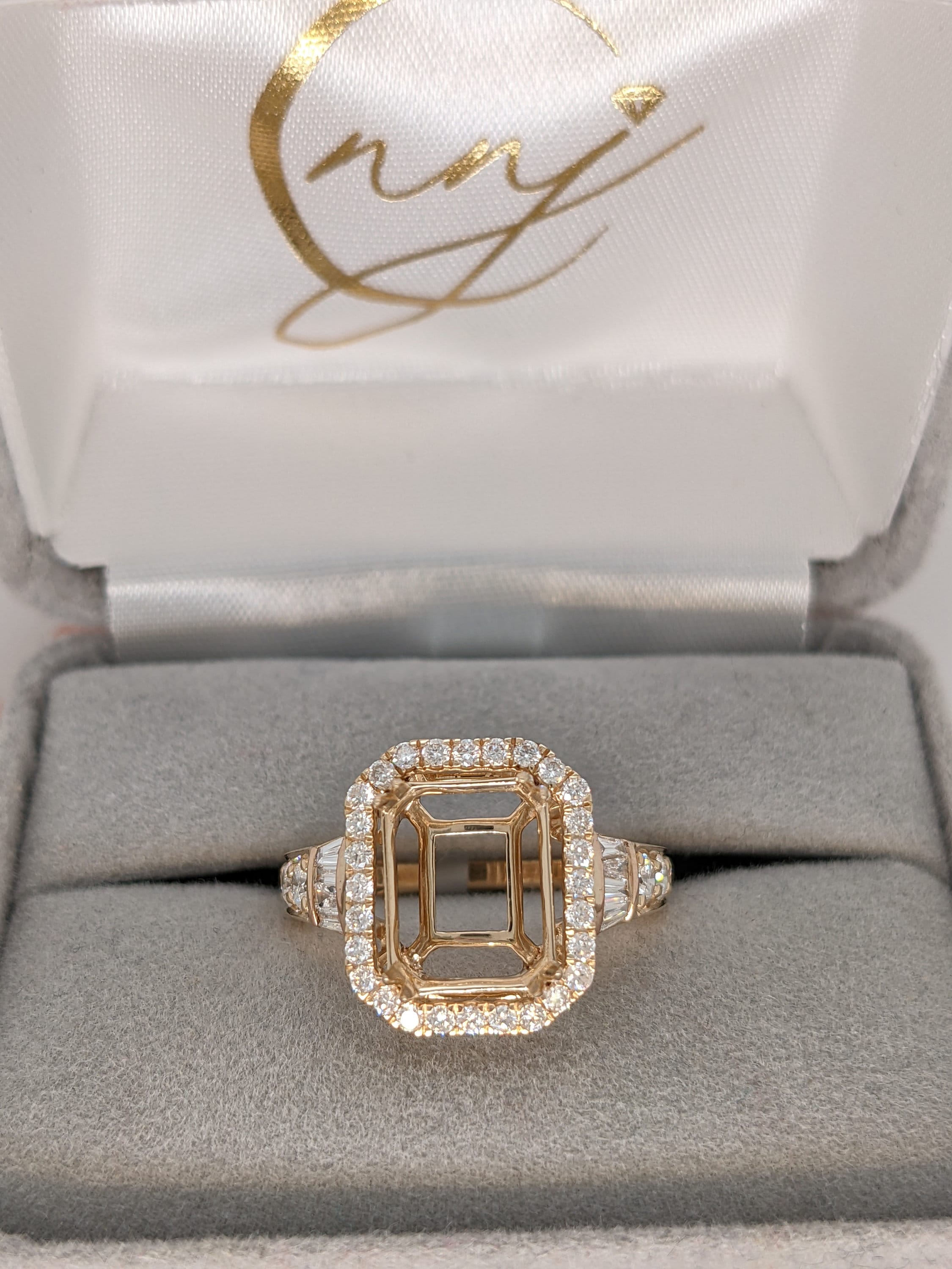 Engagement Ring Semi-mount in Solid 14k White, Yellow, or Rose Gold | Natural Diamond Halo w Baguette Accents | Emerald Cut | Custom Sizes