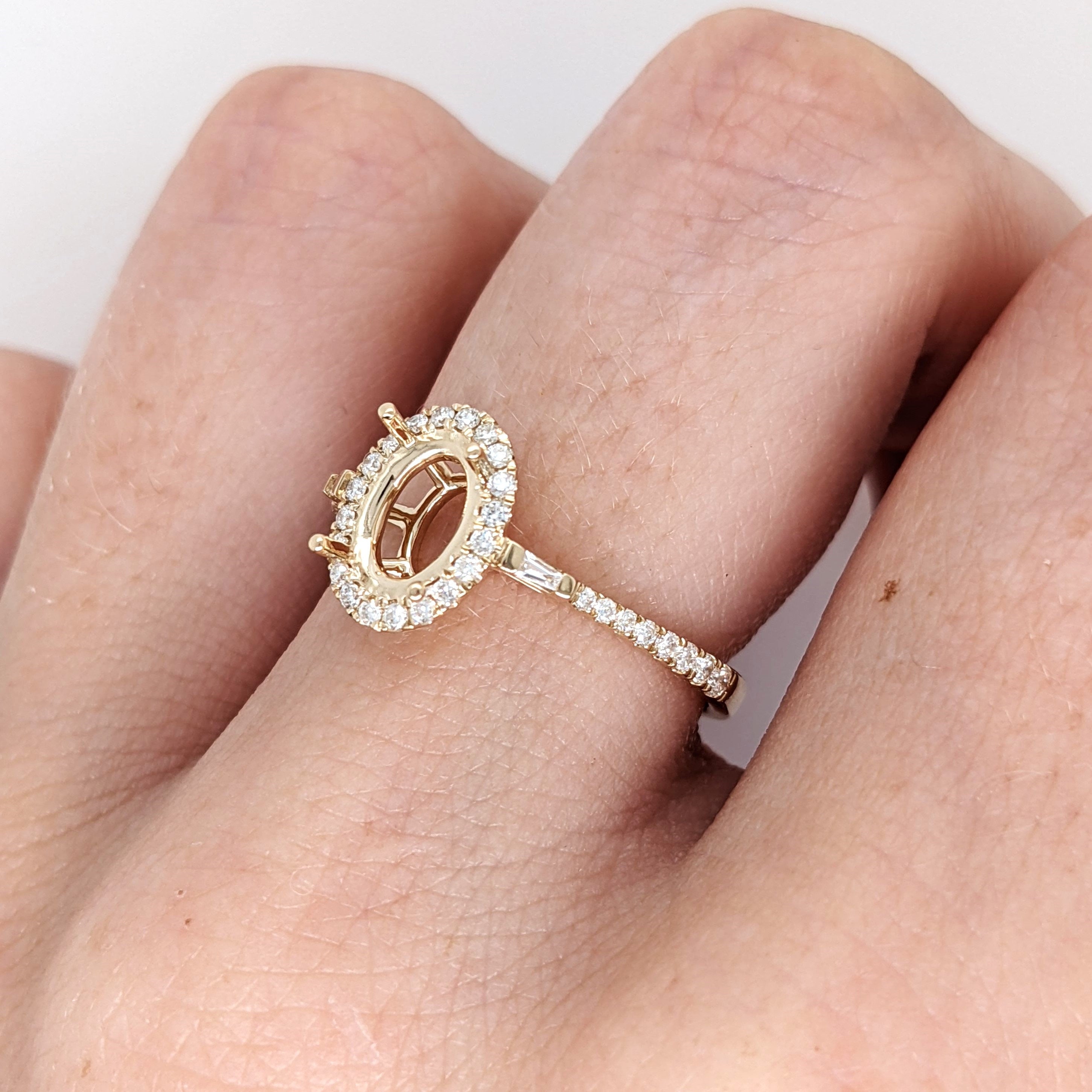 Engagement Ring Setting in 14K Solid White, Yellow, or Rose Gold with Diamond Halo & Baguette Diamonds || Oval 10x8mm || Customizable