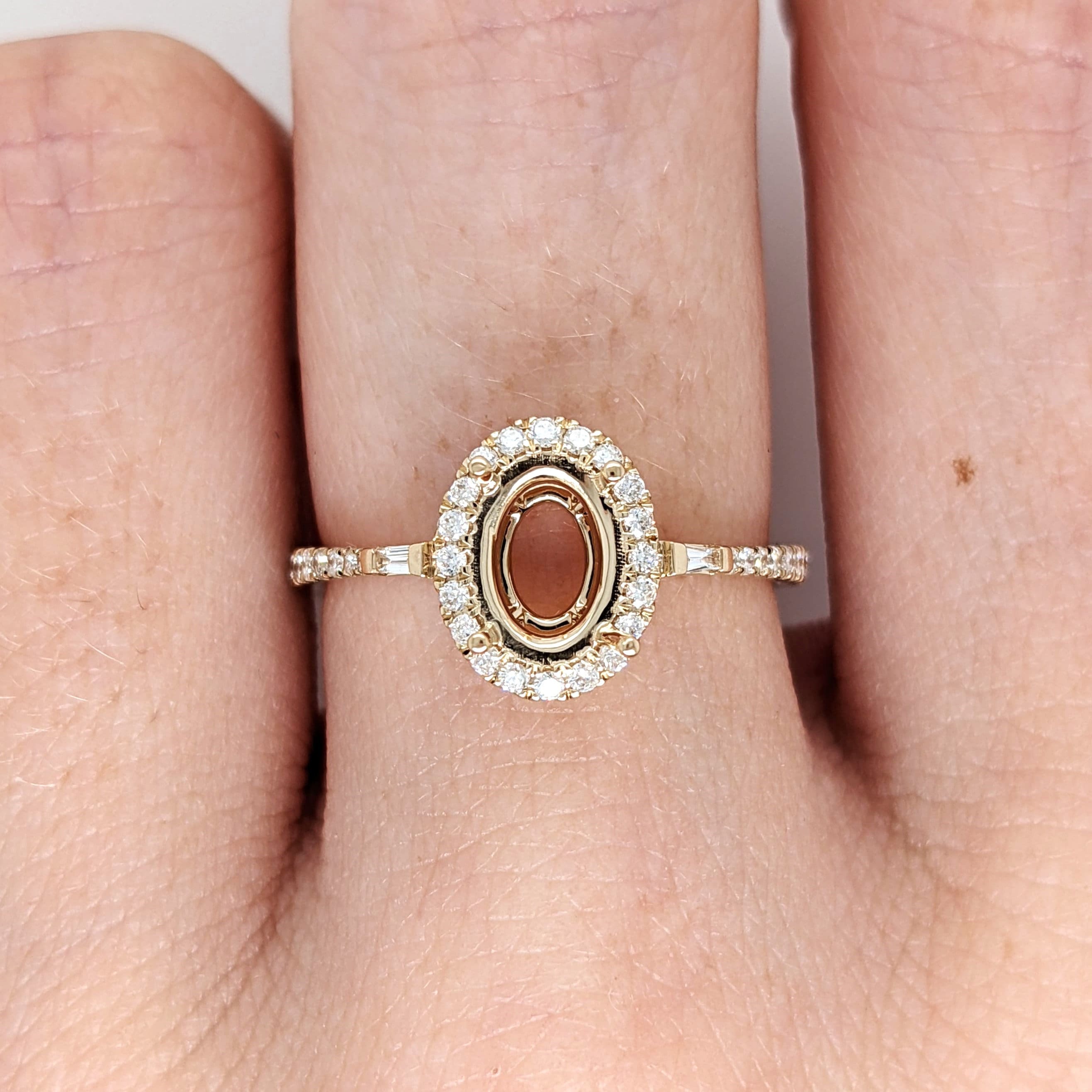 Engagement Ring Setting in 14K Solid White, Yellow, or Rose Gold with Diamond Halo & Baguette Diamonds || Oval 10x8mm || Customizable