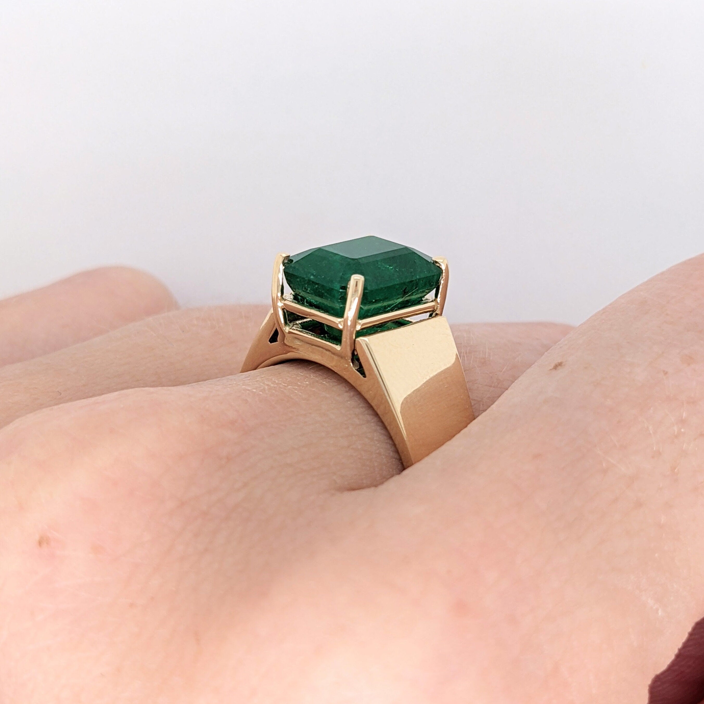 Natural Emerald Cigar Band Ring in 14K Yellow Gold | Emerald Cut 10x8mm | Emerald Ring | May Birthstone | Masculine Ring | Wide Band