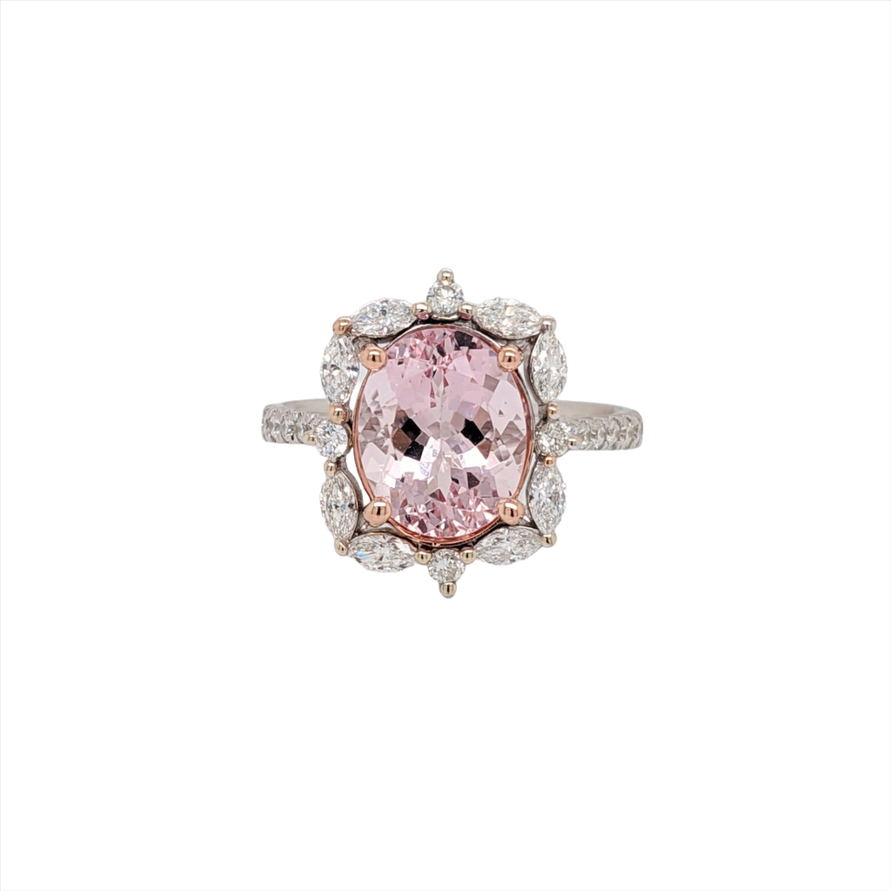 Glam Pink Morganite Ring in Solid 14K Dual White/Rose Gold w Natural Diamond Accents | Oval Cut 11x9mm | Prong Setting | Pink Gemstone