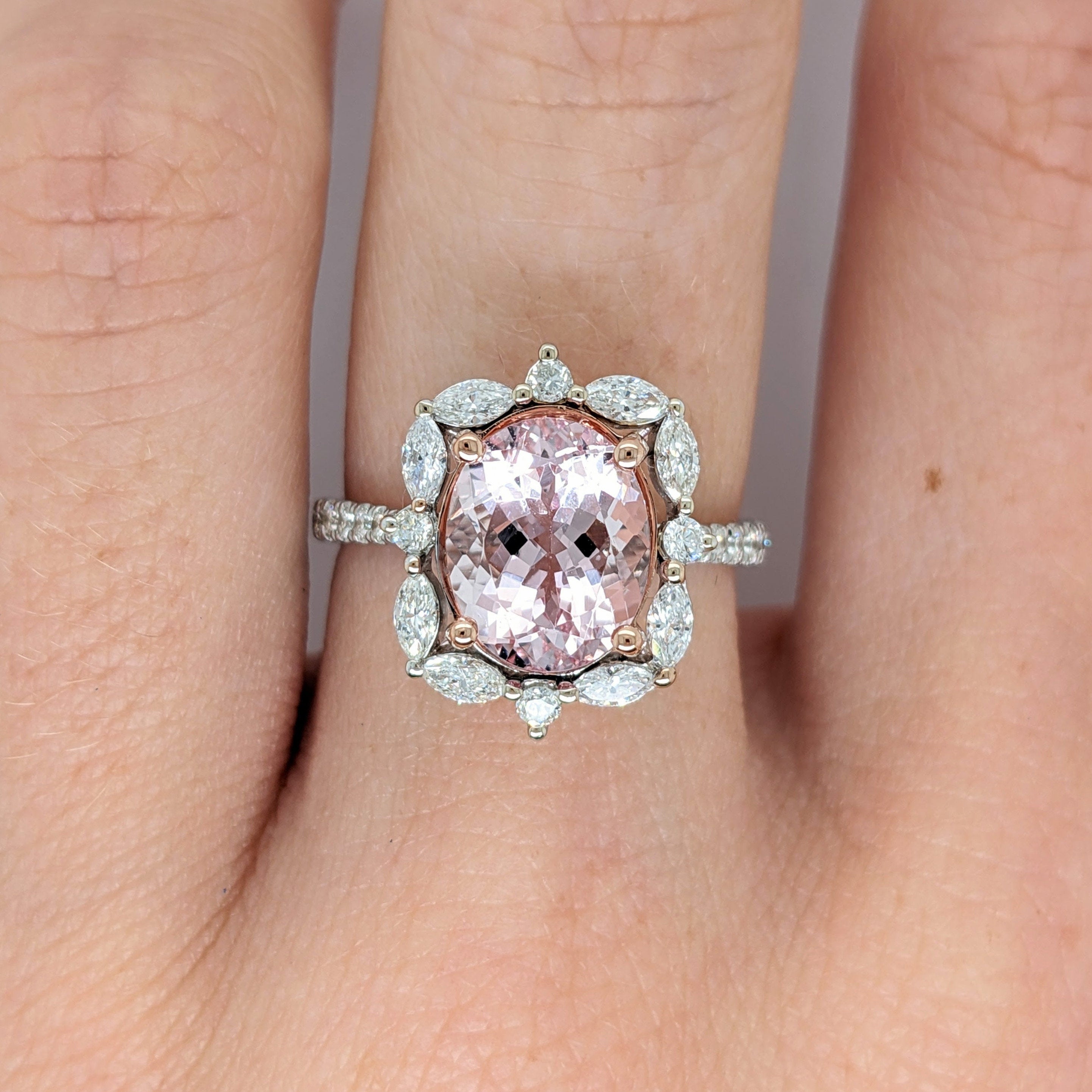 Glam Pink Morganite Ring in Solid 14K Dual White/Rose Gold w Natural Diamond Accents | Oval Cut 11x9mm | Prong Setting | Pink Gemstone