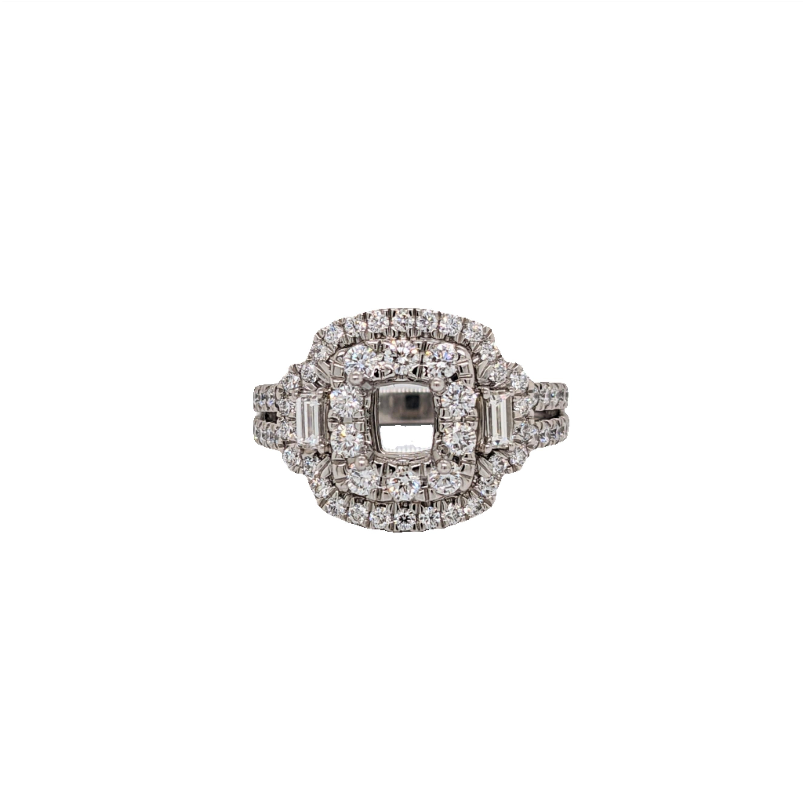 Double Diamond Halo Ring Semi Mount in Platinum w Baguette Diamond Accents | Cushion Cut | Pave Diamond Split Shank |Engagement Ring Setting