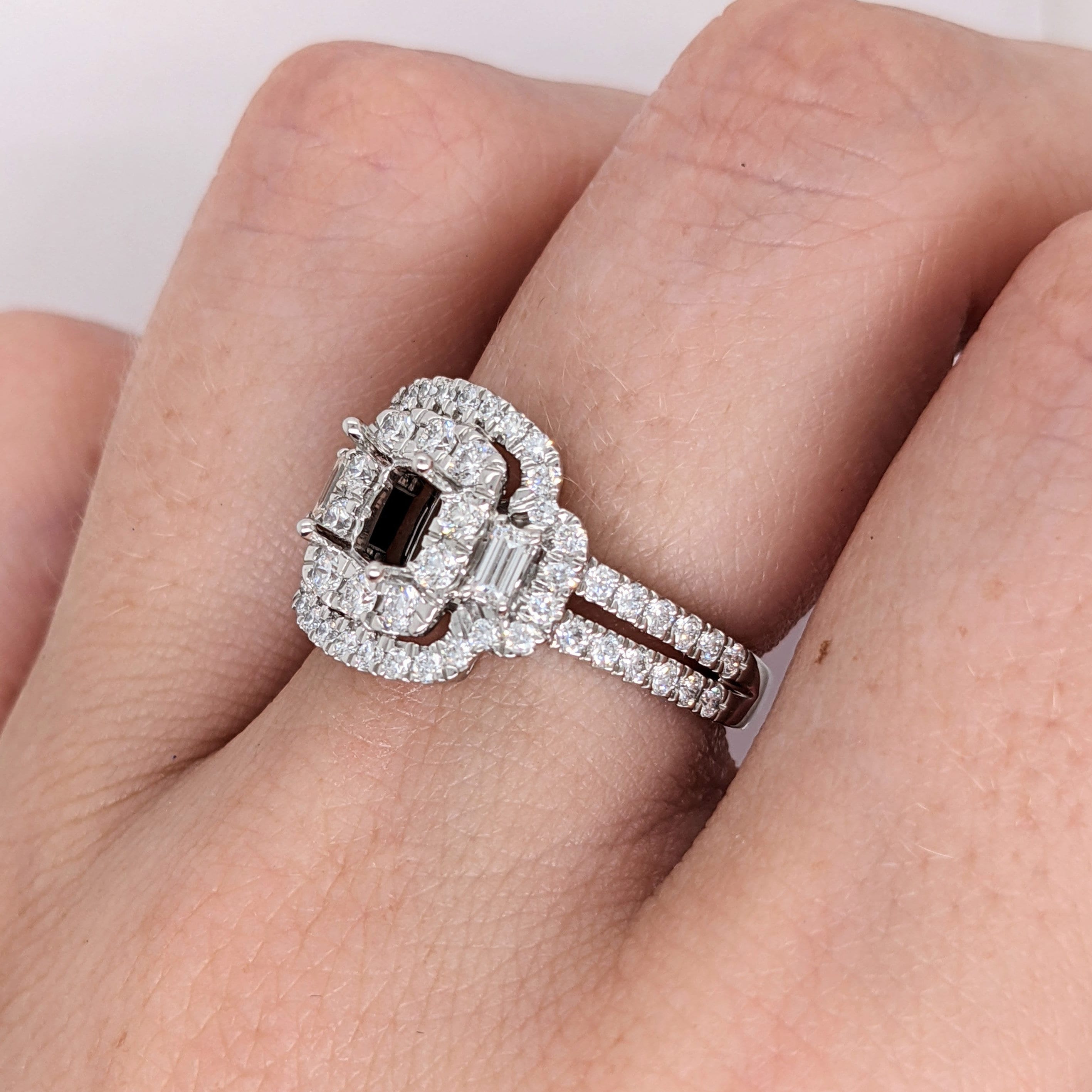 Double Diamond Halo Ring Semi Mount in Platinum w Baguette Diamond Accents | Cushion Cut | Pave Diamond Split Shank |Engagement Ring Setting