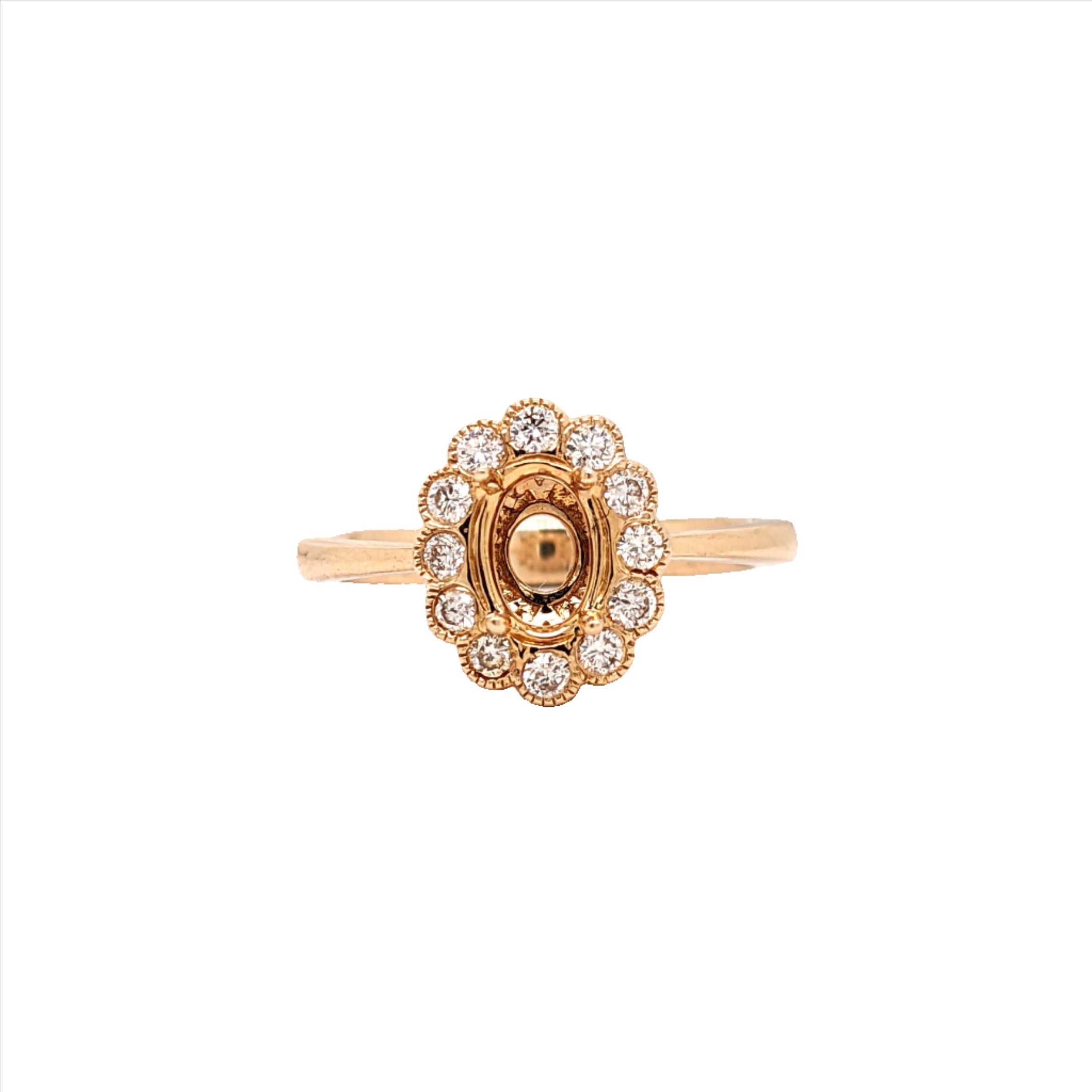 Oval Ring Semi Mount in Solid 14k White, Yellow or Rose Gold w Round Diamond Accents and Milgrain Details | Oval | Custom Sizes | Setting