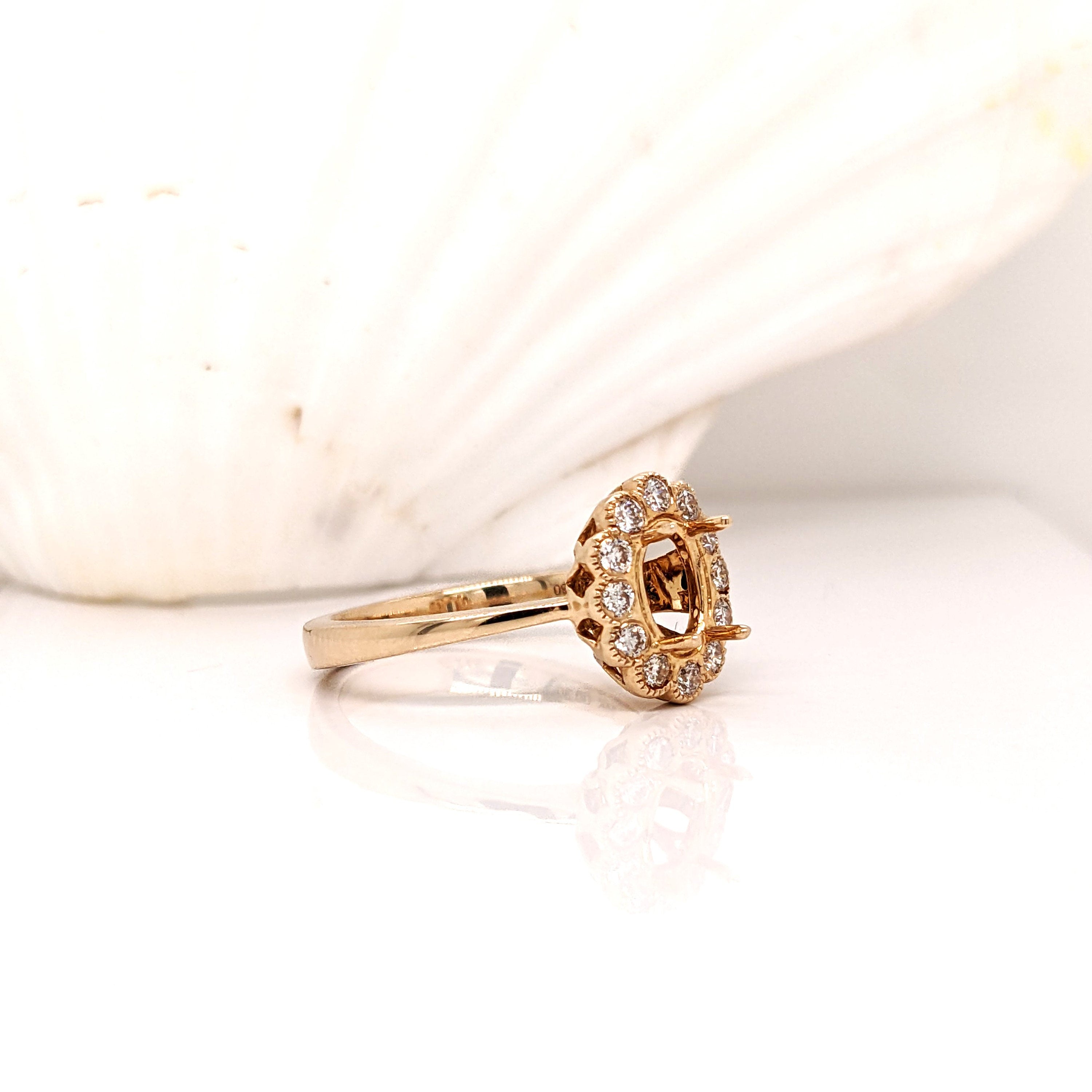 Oval Ring Semi Mount in Solid 14k White, Yellow or Rose Gold w Round Diamond Accents and Milgrain Details | Oval | Custom Sizes | Setting