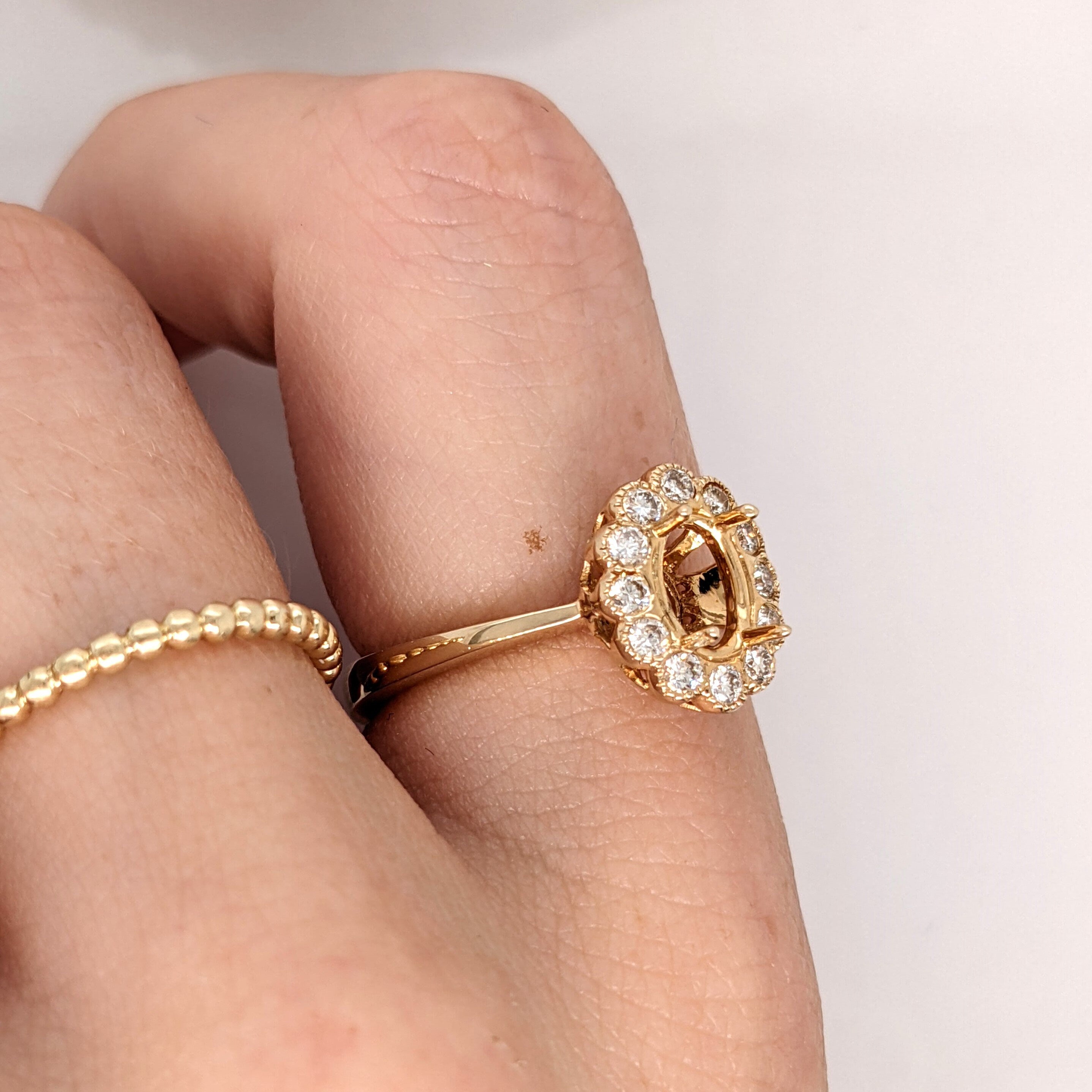 Oval Ring Semi Mount in Solid 14k White, Yellow or Rose Gold w Round Diamond Accents and Milgrain Details | Oval | Custom Sizes | Setting