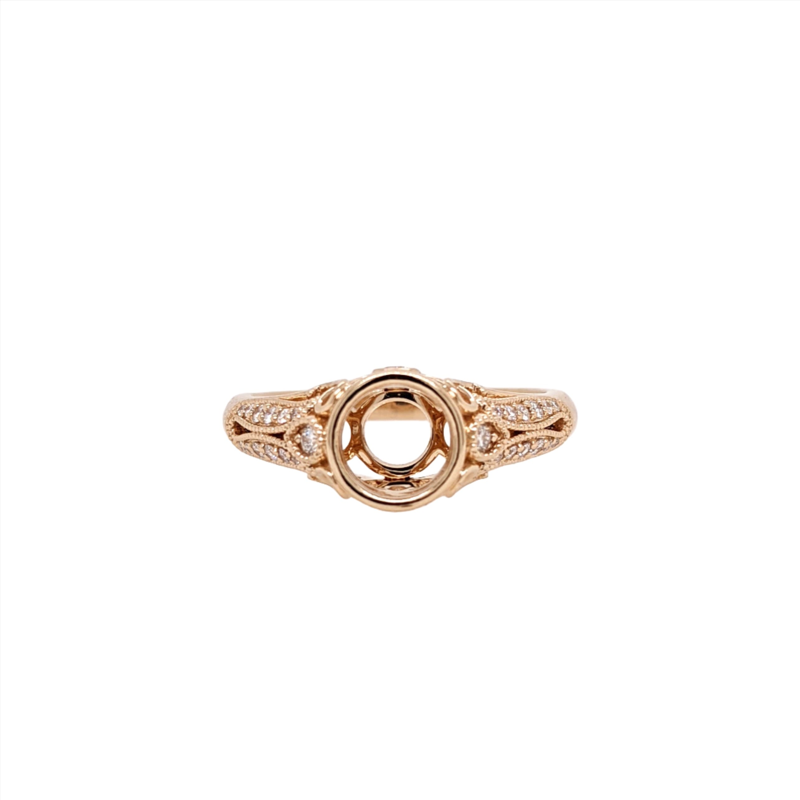 Detailed Vintage Style Ring Semi Mount in Solid 14k White, Yellow or Rose Gold w Round Diamond Accents | Round Bezel Setting | Custom Sizes