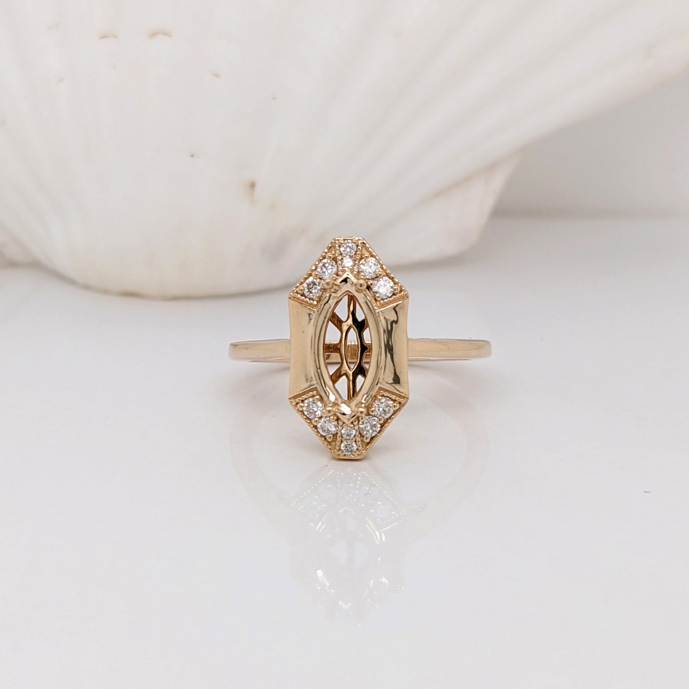 Unique Marquise Cut Ring Semi Mount in 14K Yellow, White, Rose Gold | Natural Diamond Accents | Marquise 10x5mm | Customizable | Engagement