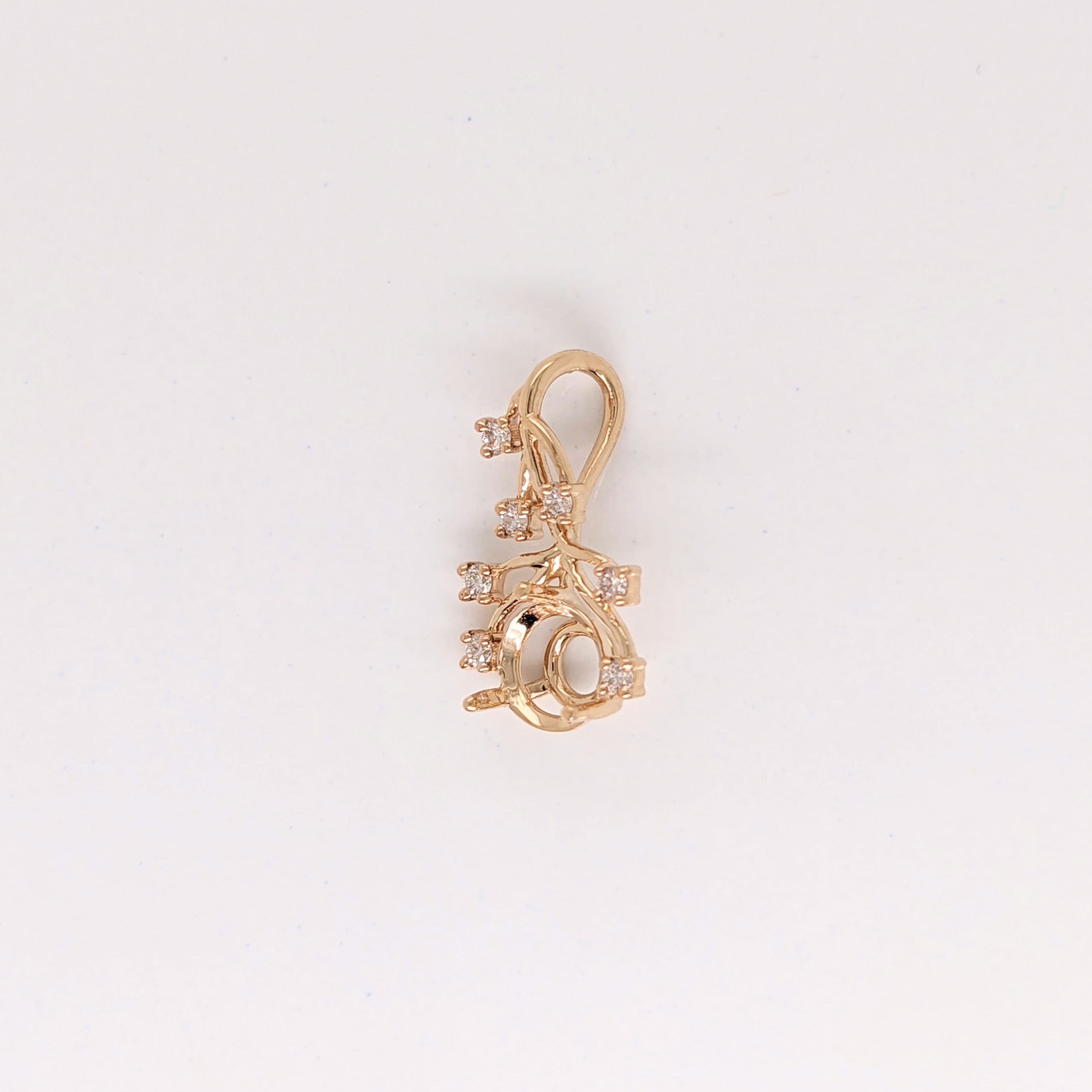Cute Vine Design Pendant Semi-Mount in Solid 14k Gold | Round Shape Martini Prong Setting | Natural Diamond Accents | Dainty | Customizable
