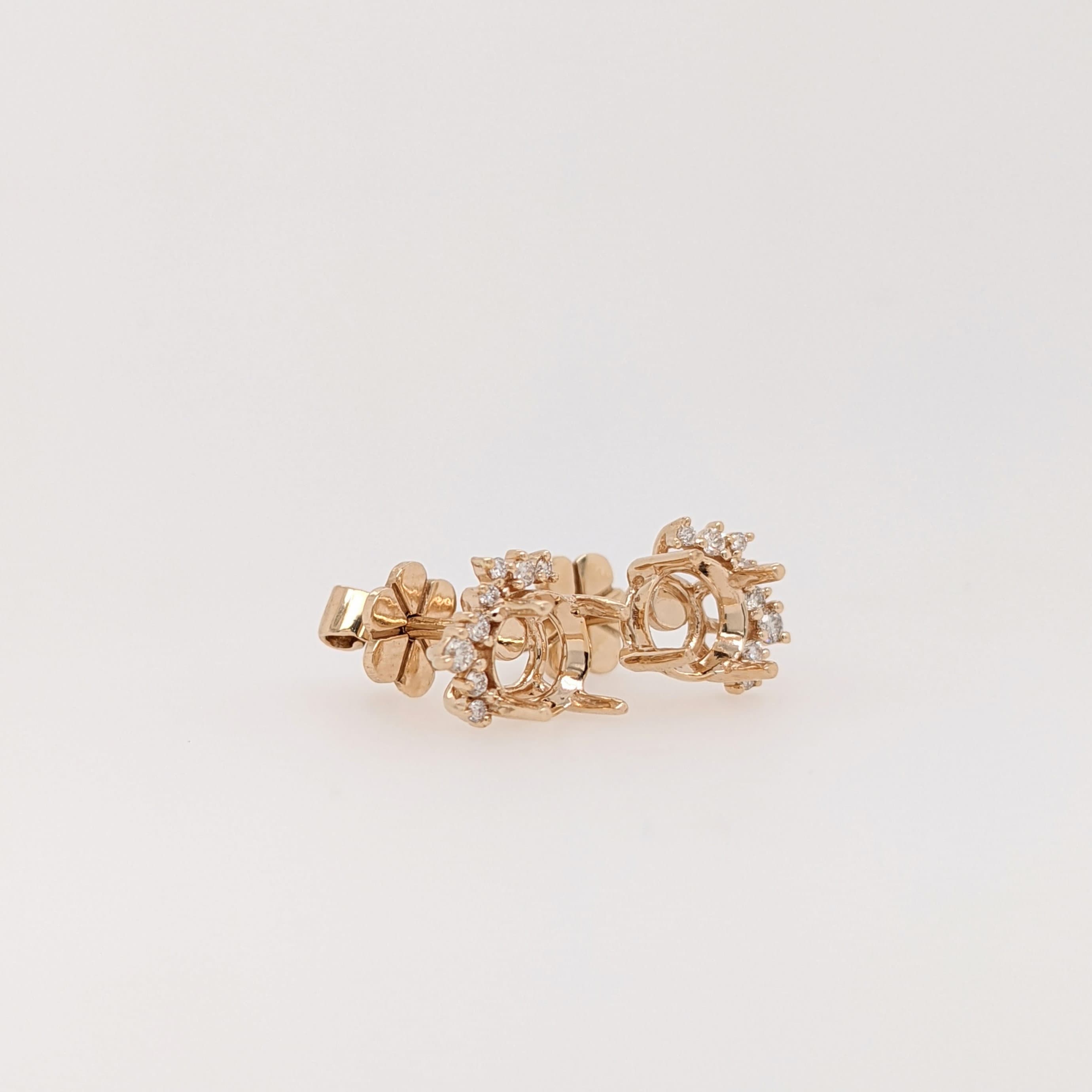 Asymmertrical Design Stud Earring Semi-Mount in 14k Solid Gold w Diamond Accents | Round 5mm | Secure Push Backs | Customizable