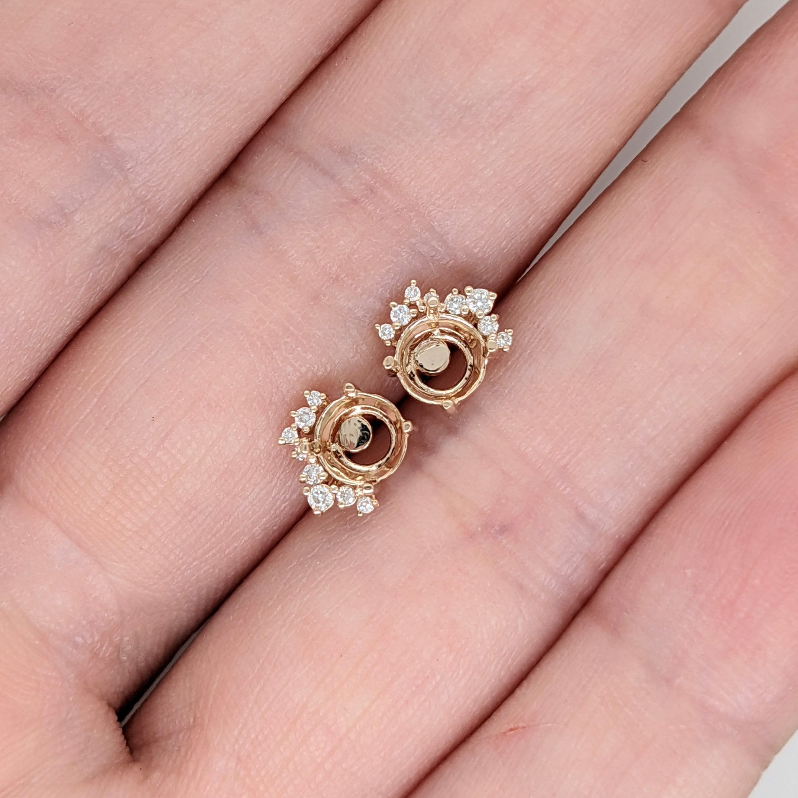 Asymmertrical Design Stud Earring Semi-Mount in 14k Solid Gold w Diamond Accents | Round 5mm | Secure Push Backs | Customizable