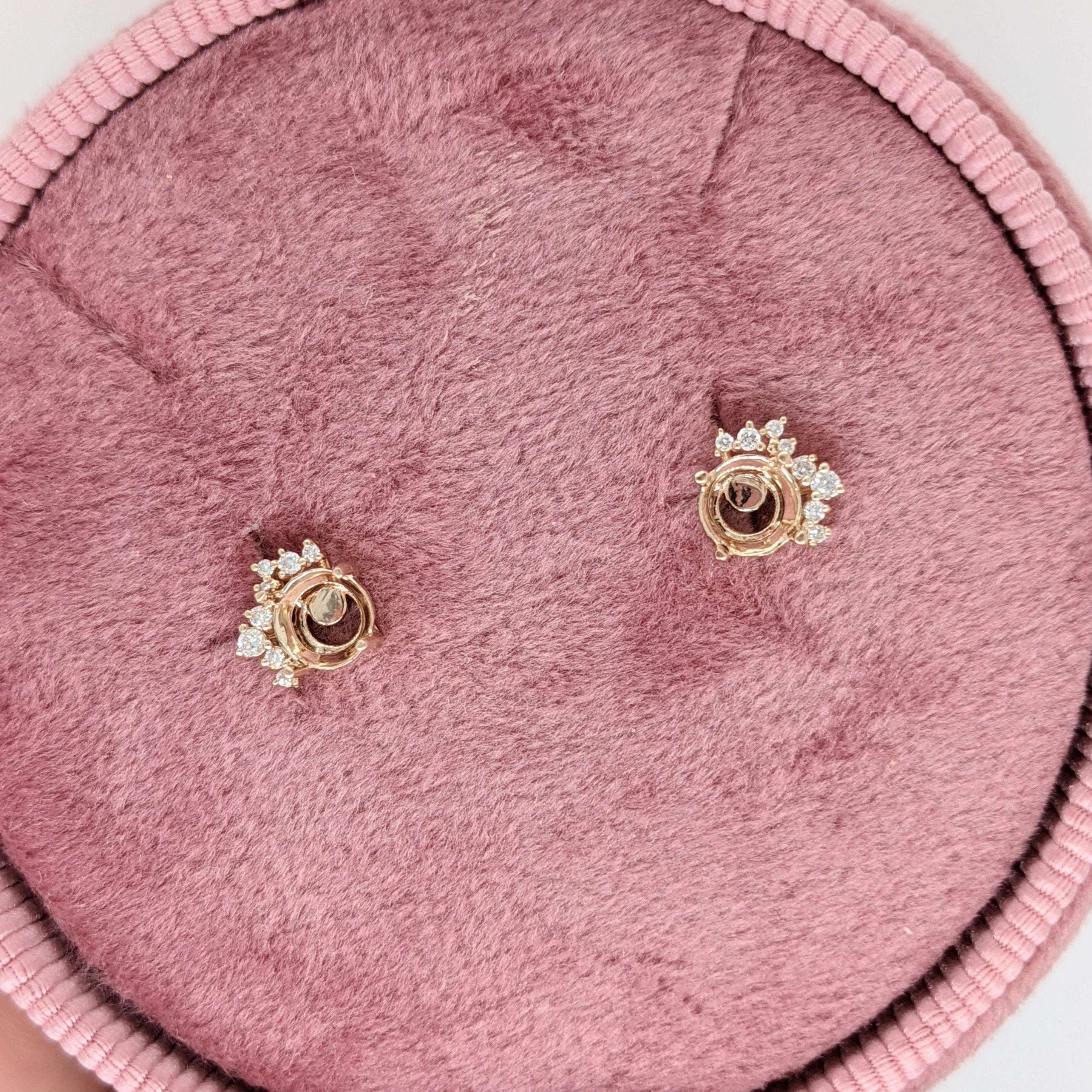 Asymmertrical Design Stud Earring Semi-Mount in 14k Solid Gold w Diamond Accents | Round 5mm | Secure Push Backs | Customizable