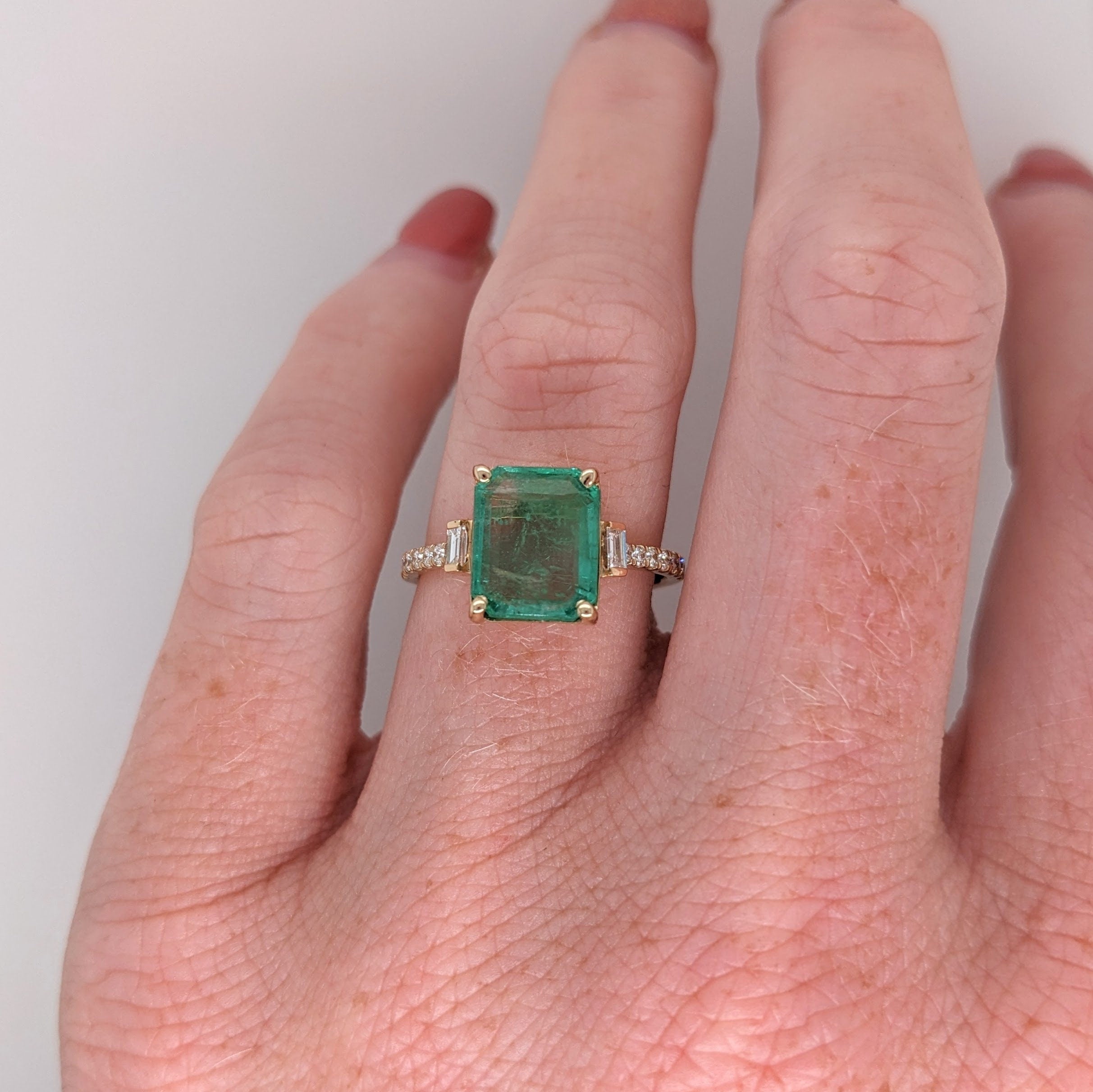 Natural Emerald Ring in 14K Solid Yellow Gold w Baguette Diamond Accents | Emerald Cut 10x8mm | Pave Shank | Engagement Ring | Statement