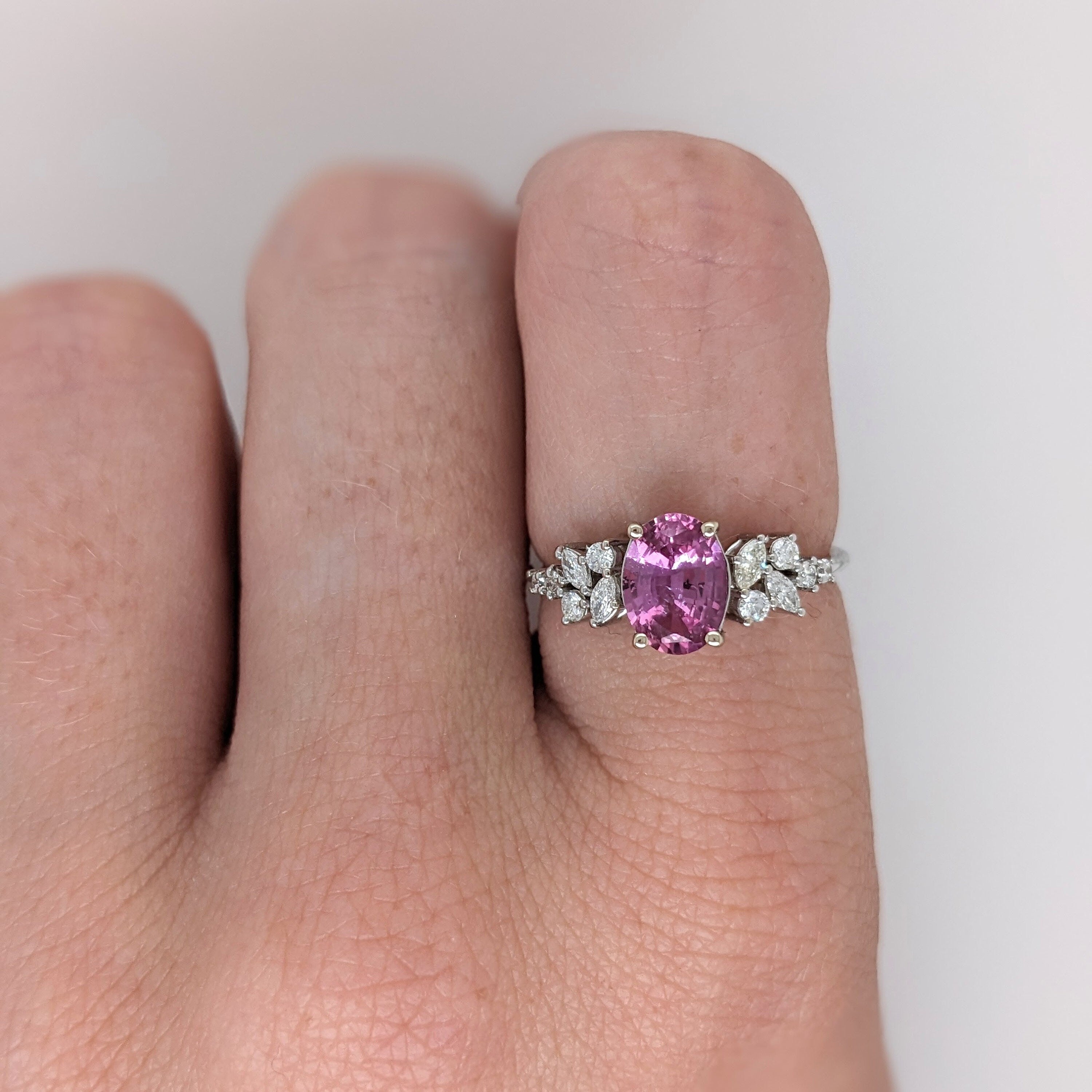 Natural Pink Sapphire Ring w Diamond Accents in Solid 14k White Gold | Oval 8x6mm | September Birthstone | Pink Gemstone | Engagement Ring