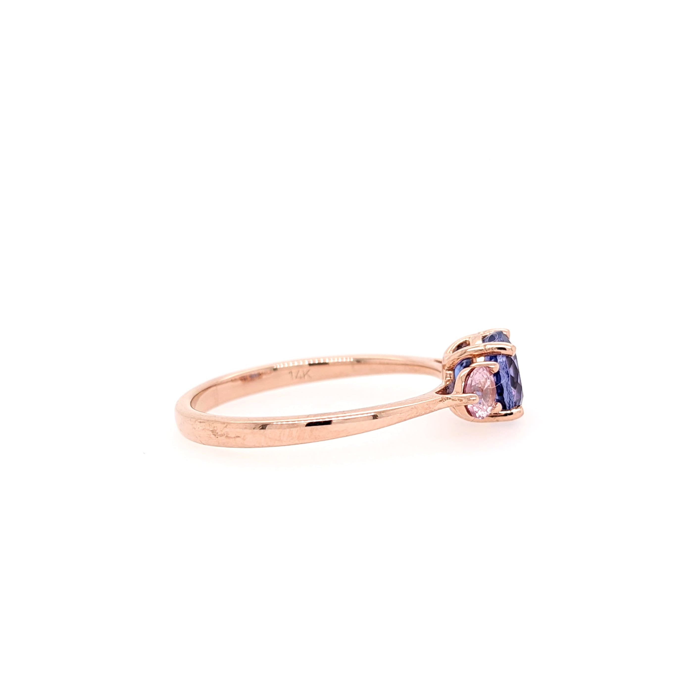 Tanzanite and Pink Sapphire Ring in 14K Rose Gold | Three Stone Ring | Round 6mm | Blue and Pink Natural Gemstones | One of a Kind | For Her