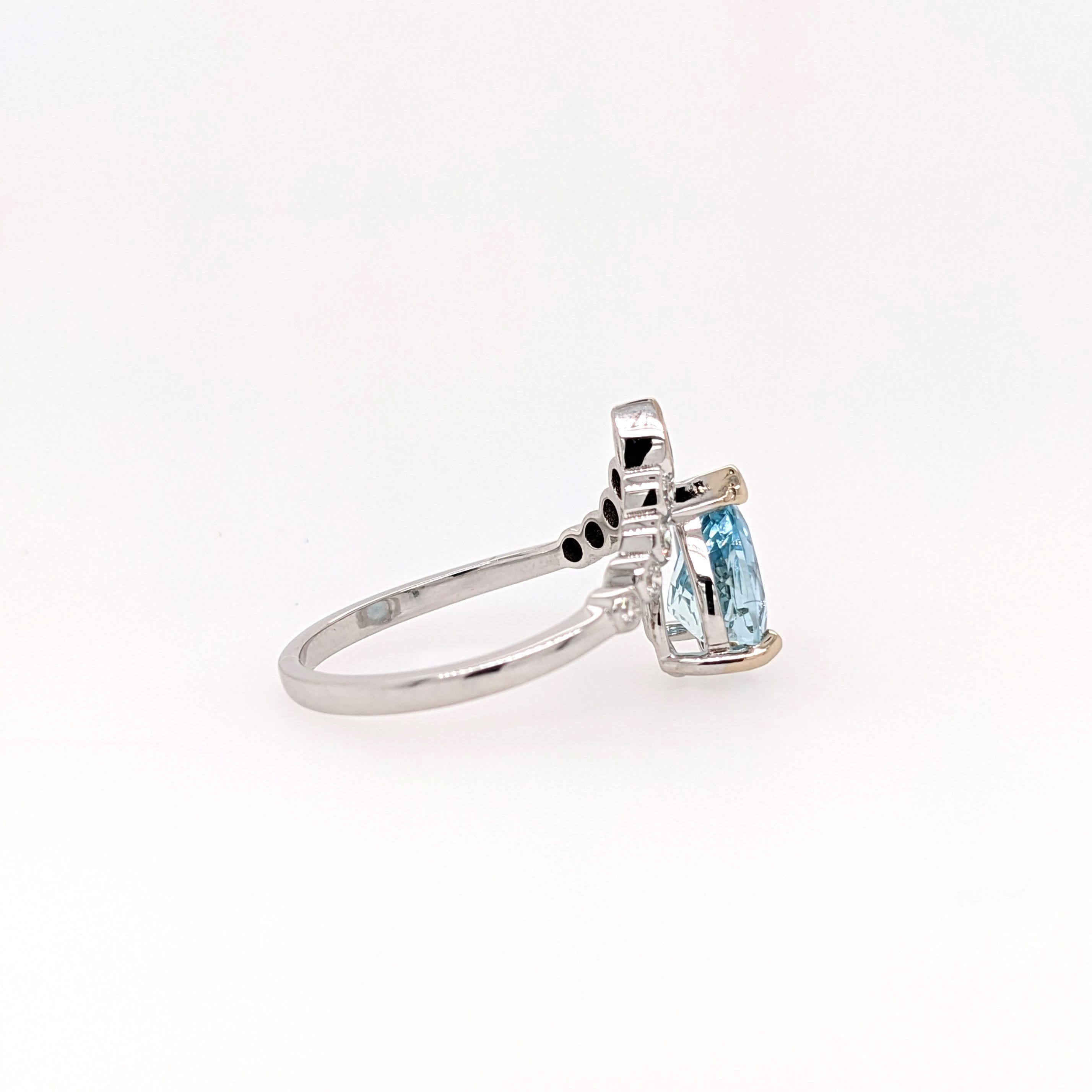 Aqua Blue Natural Aquamarine Ring in 14k Gold White w Natural Diamond Accents | Trilliant 9x8mm | Tiara Inspired Design | March Birthdays