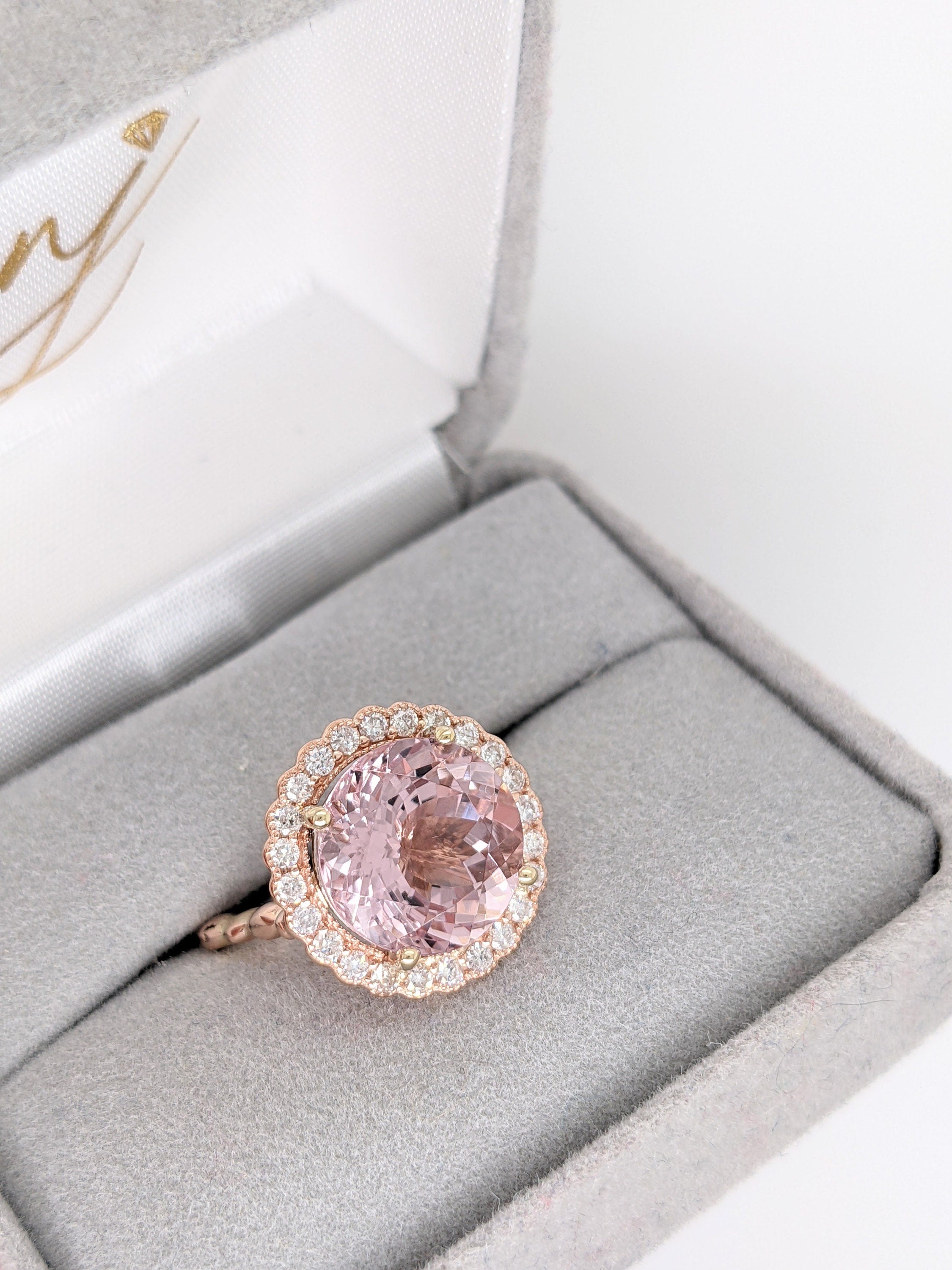 Pink Morganite Ring in Solid 14K Rose Gold w Natural Diamond Scalloped Halo | Round Cut 11mm | Prong Setting | Pink Gem | Milgrain