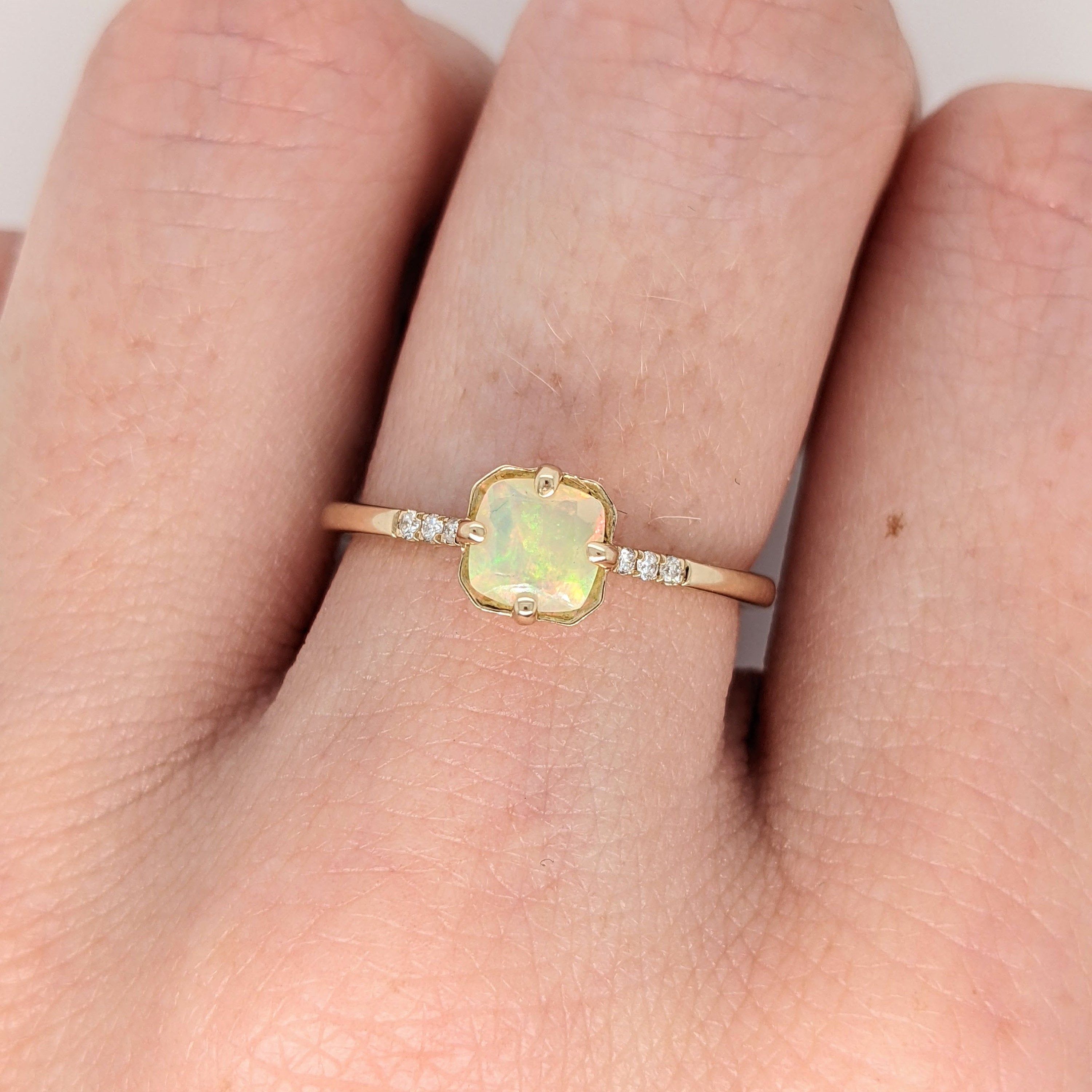 Faceted Opal Ring with Natural Diamond Accents in Solid 14k Yellow Gold | Cushion 6mm | Compass Prong |Gemstone Jewelry | October Birthstone
