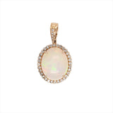 Ethiopian Opal Pendant w Pave Clasp Bail in 14K Gold | Natural Diamond Accents | Oval 16x13mm | Play of Fire | Cabochon Cut | Chain Option