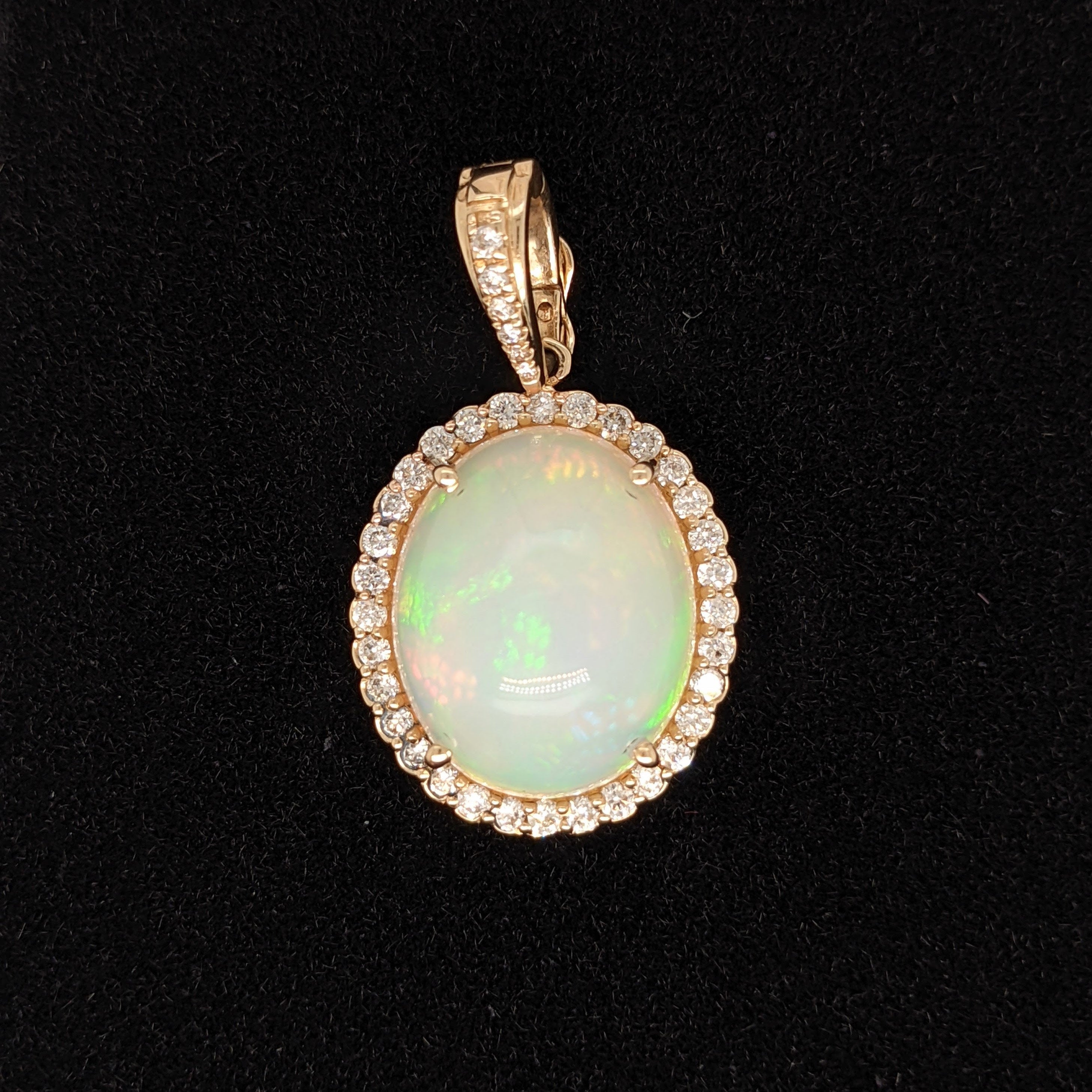 Ethiopian Opal Pendant w Pave Clasp Bail in 14K Gold | Natural Diamond Accents | Oval 16x13mm | Play of Fire | Cabochon Cut | Chain Option