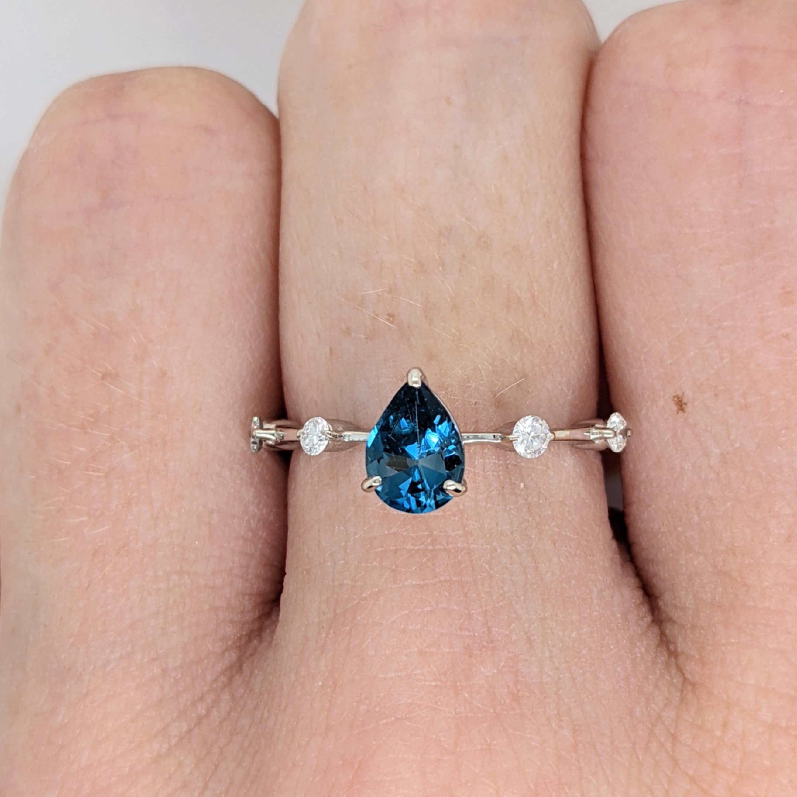 London Topaz Ring in 14k Solid White Gold w Diamond Accents | Pear Shape 6x4mm | November Birthstone | Blue Gem Ring