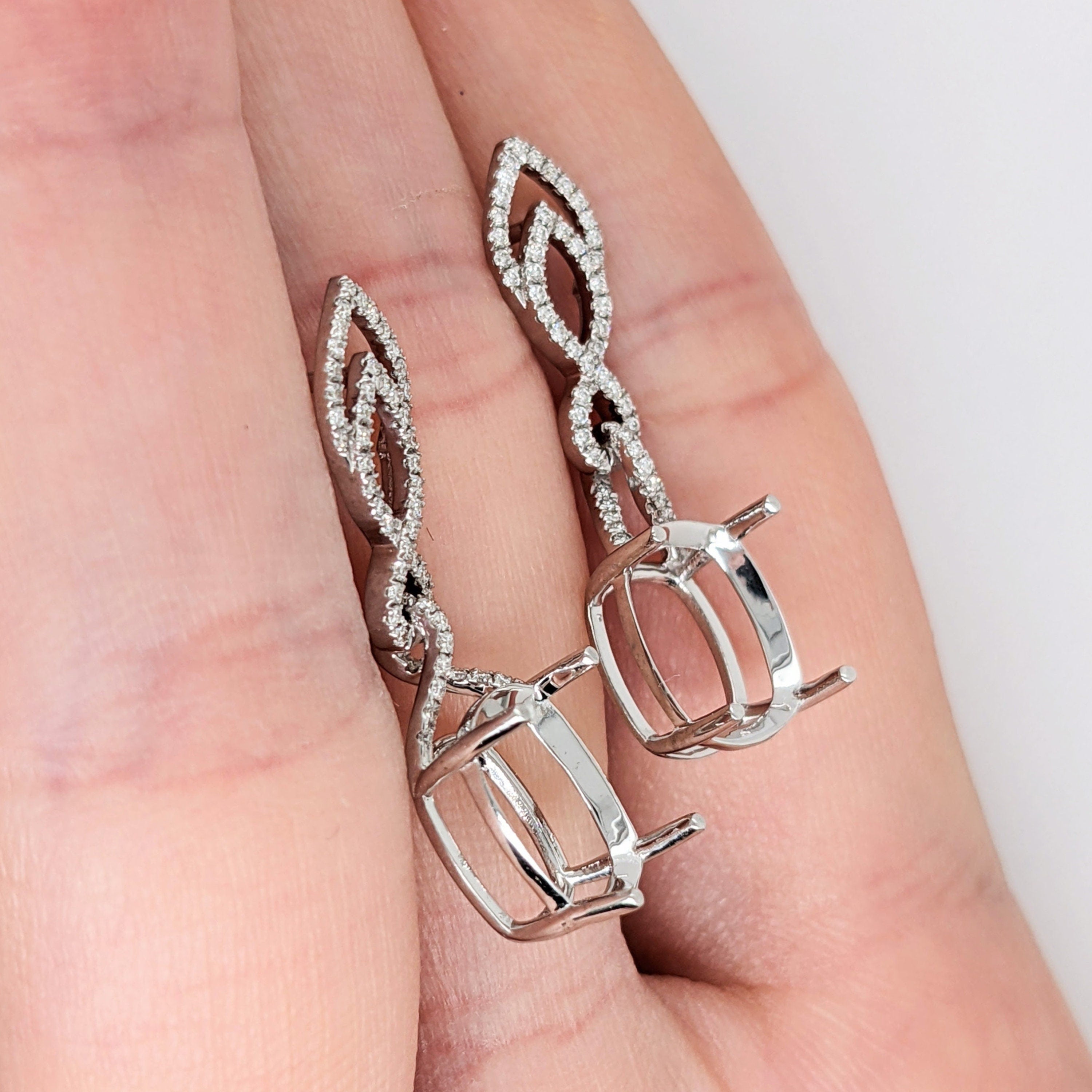 Infinity Inspired Dangle Earring Gemstone Semi-Mount w Natural Diamond Accents | Cushion Cut | 14k White, Rose, and Yellow Gold | Push Back