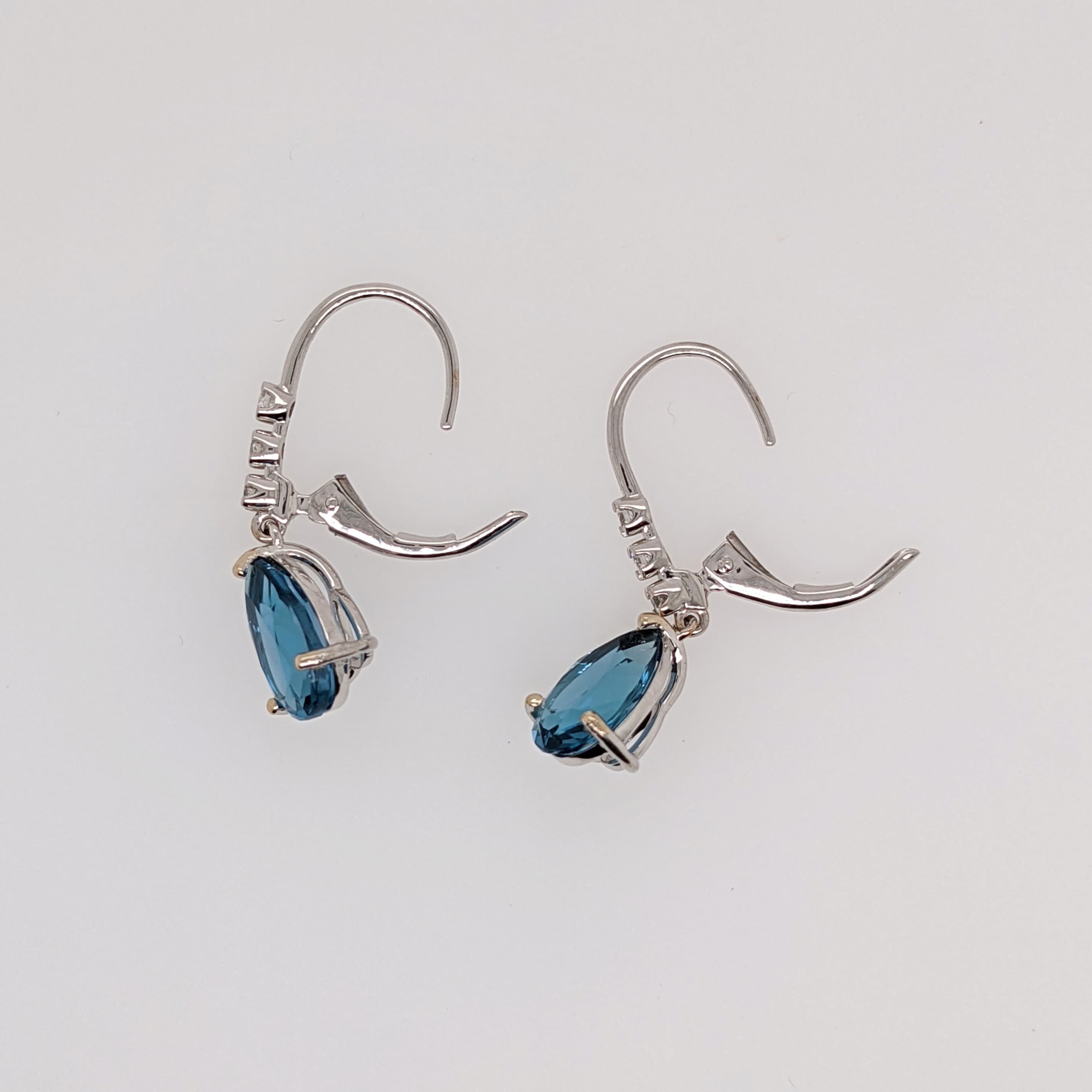 Teardrop London Blue Topaz in 14K Solid Gold w Natural Diamond Accents | Pear Shape 10x7mm | Secure Latch Back | Dangle Earrings | Blue Gems