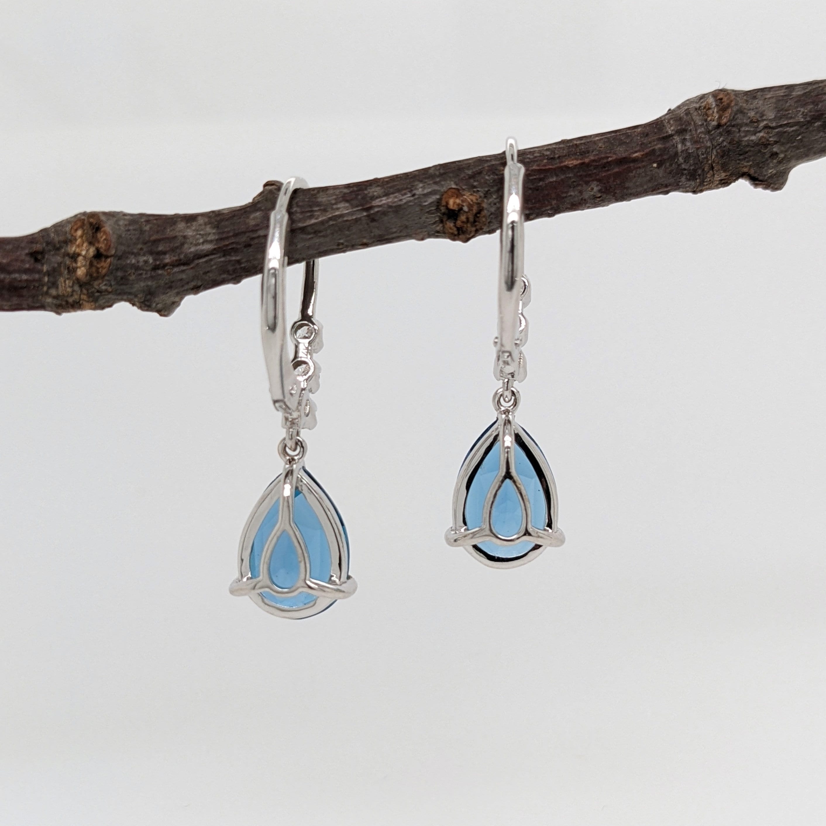 Teardrop London Blue Topaz in 14K Solid Gold w Natural Diamond Accents | Pear Shape 10x7mm | Secure Latch Back | Dangle Earrings | Blue Gems