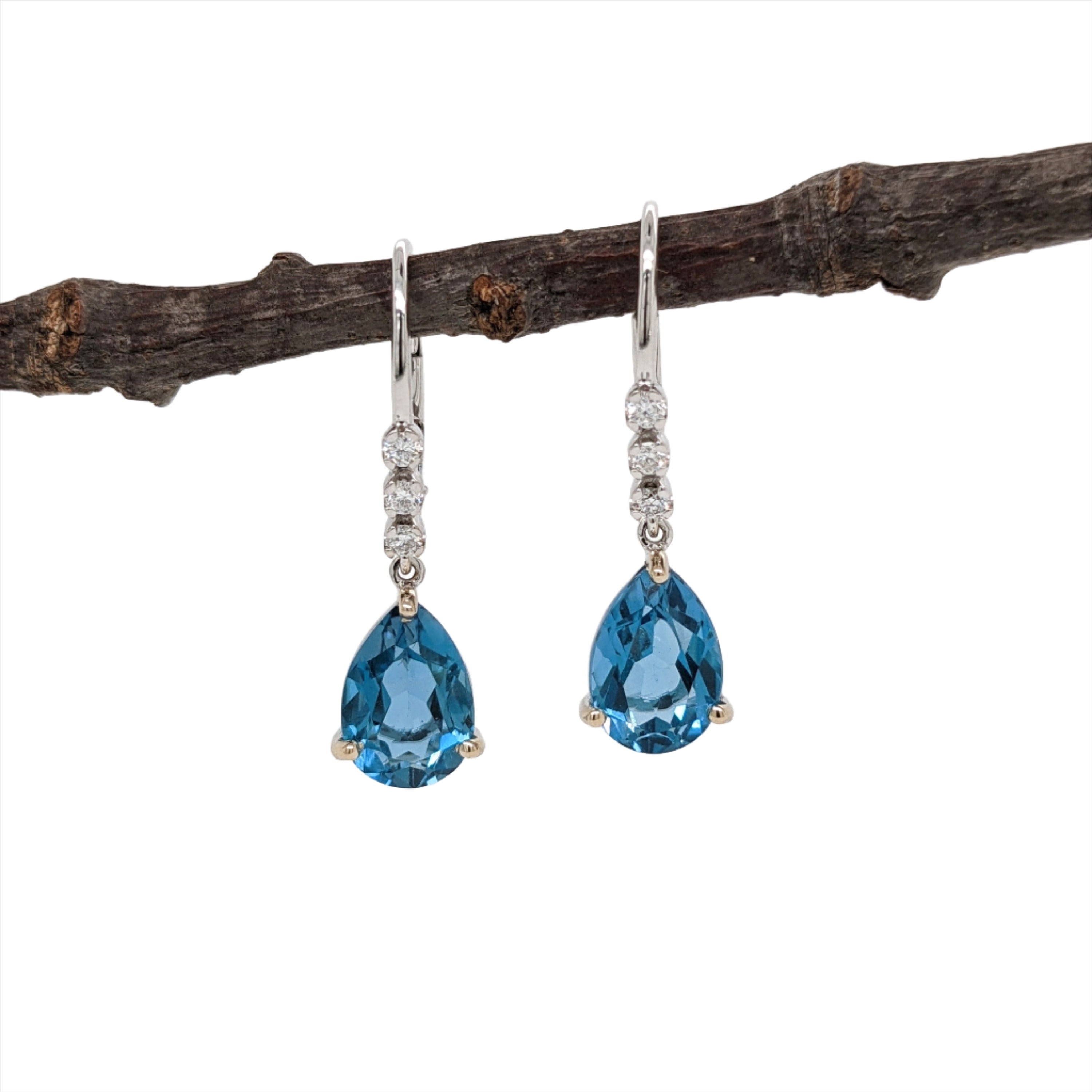 Teardrop London Blue Topaz in 14K Solid Gold w Natural Diamond Accents | Pear Shape 10x7mm | Secure Latch Back | Dangle Earrings | Blue Gems