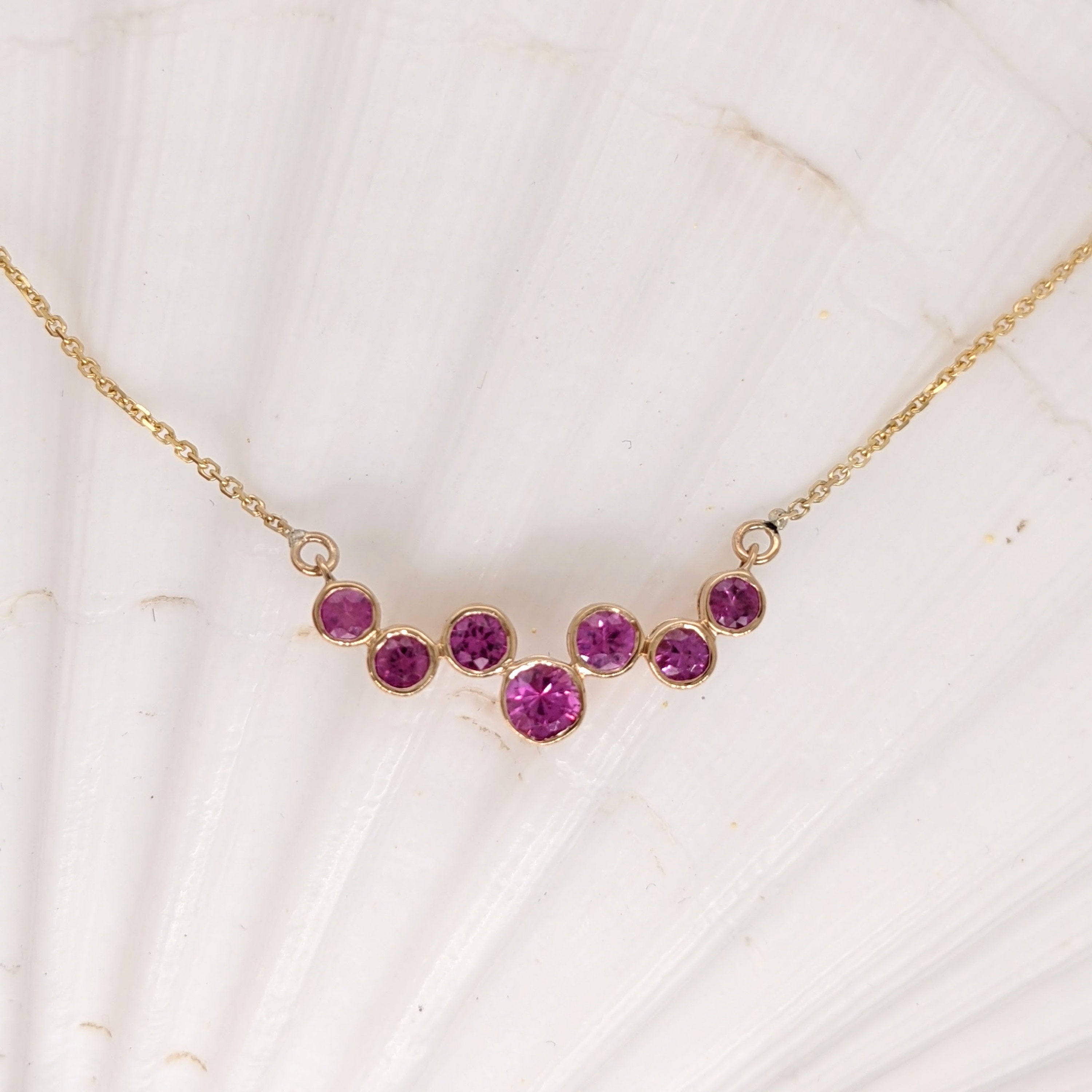 Natural Pink Sapphire Necklace in Solid 14k Yellow, White or Rose Gold | Gemstone Bubble Pendant | Attached Chain | September Birthstone
