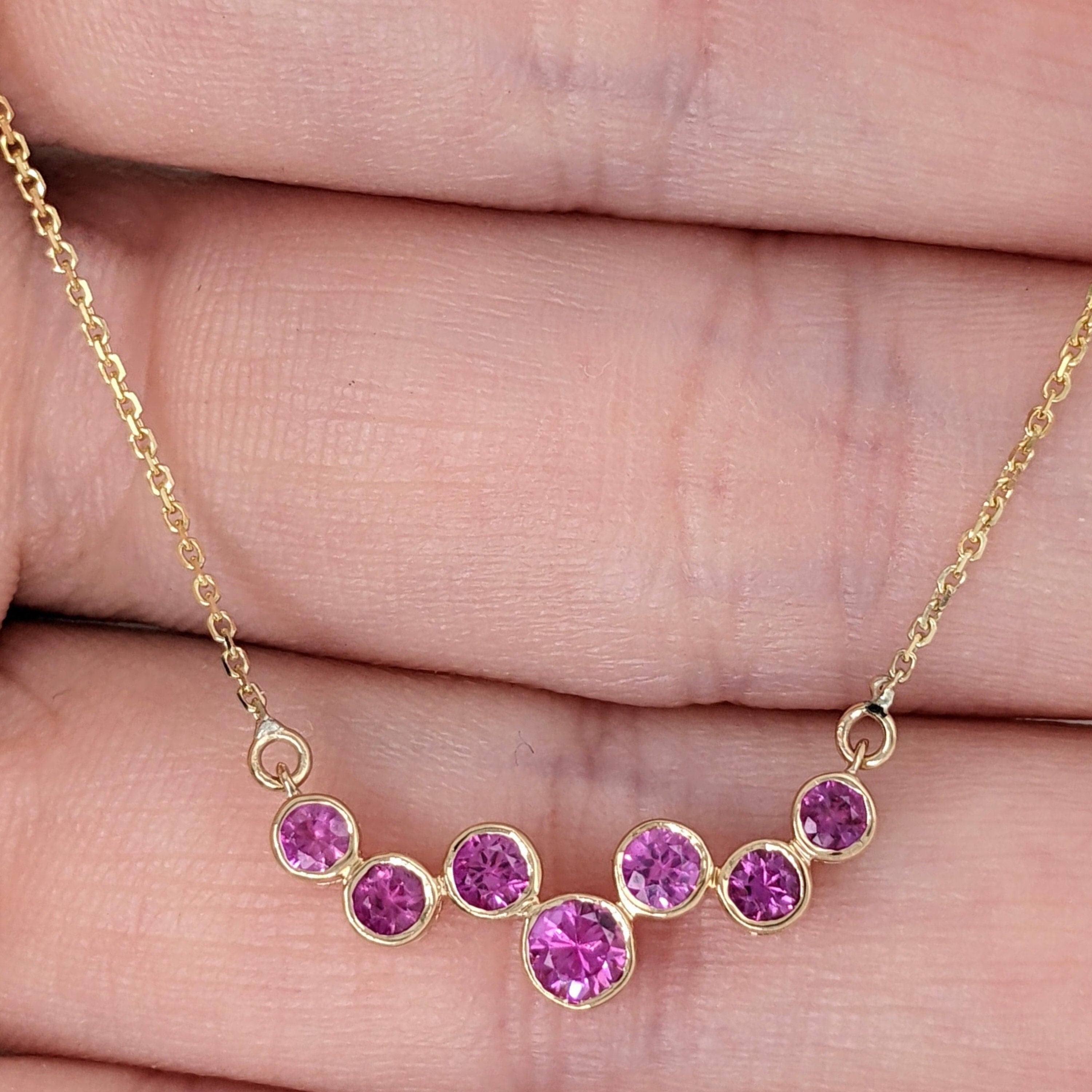 Natural Pink Sapphire Necklace in Solid 14k Yellow, White or Rose Gold | Gemstone Bubble Pendant | Attached Chain | September Birthstone